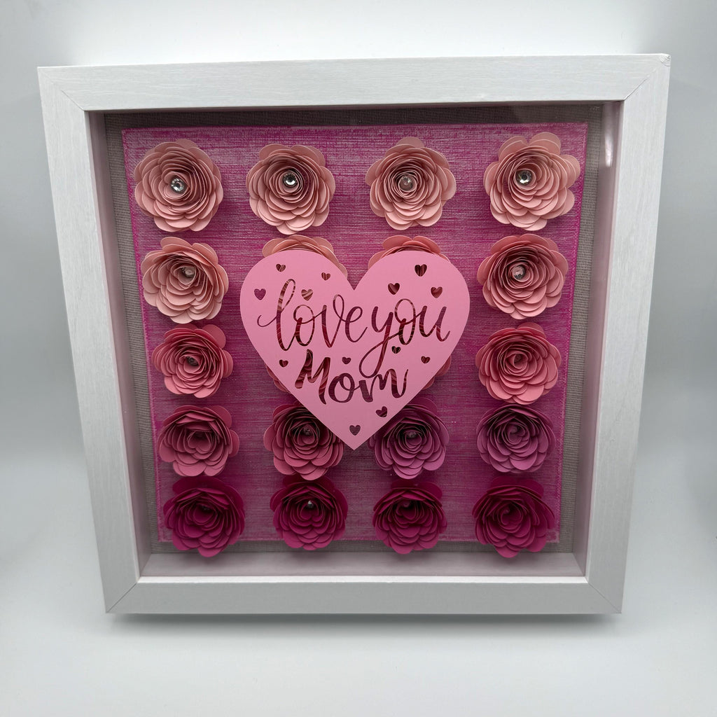 Paper Flower Heart Shadow Box – "Love You Mom" Bejeweled 3D Wall Art, Pink or Purple