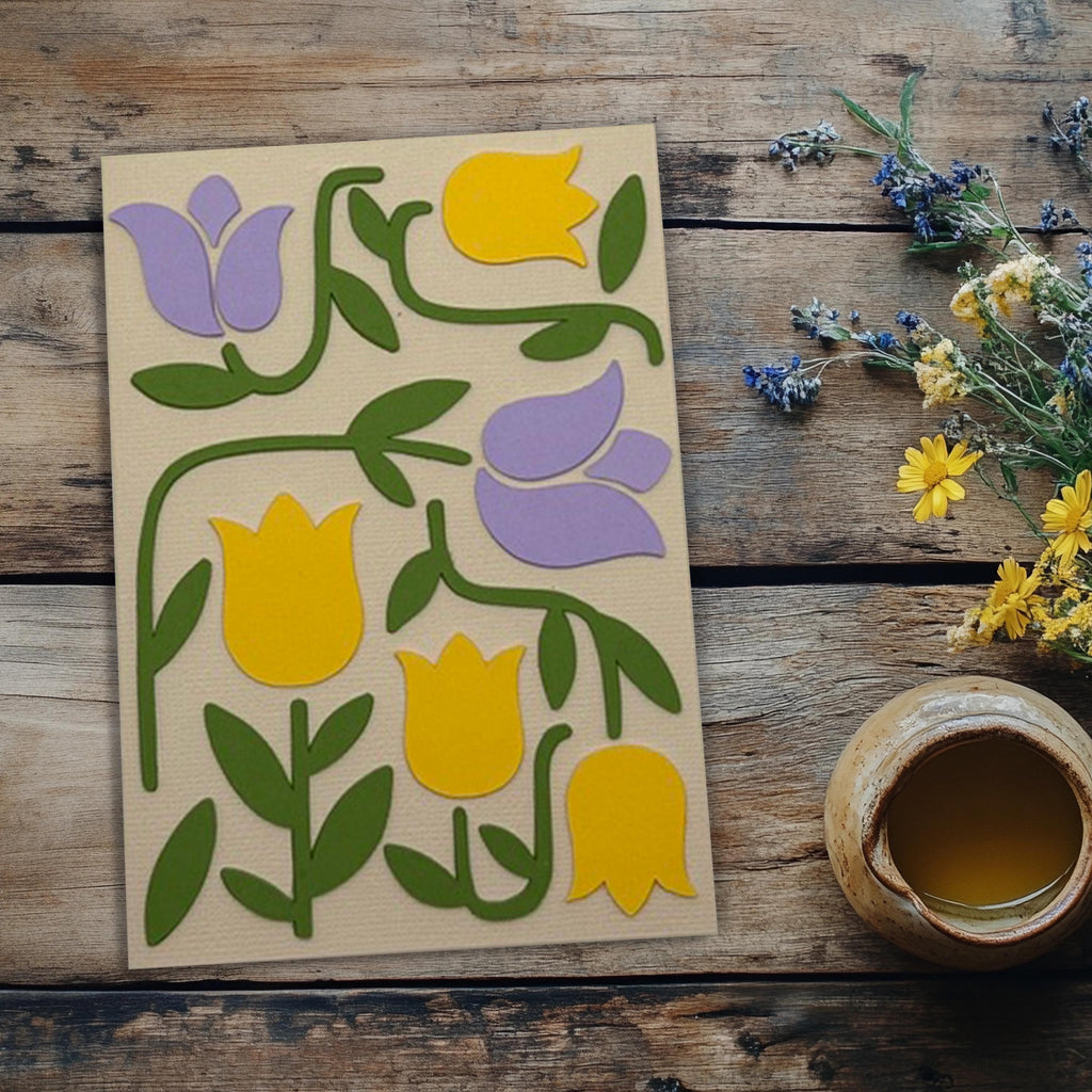 Tulip Greeting Card | Modern Papercut Floral Design in Yellow & Lilac | Birthday, Mother's Day & Thinking of You