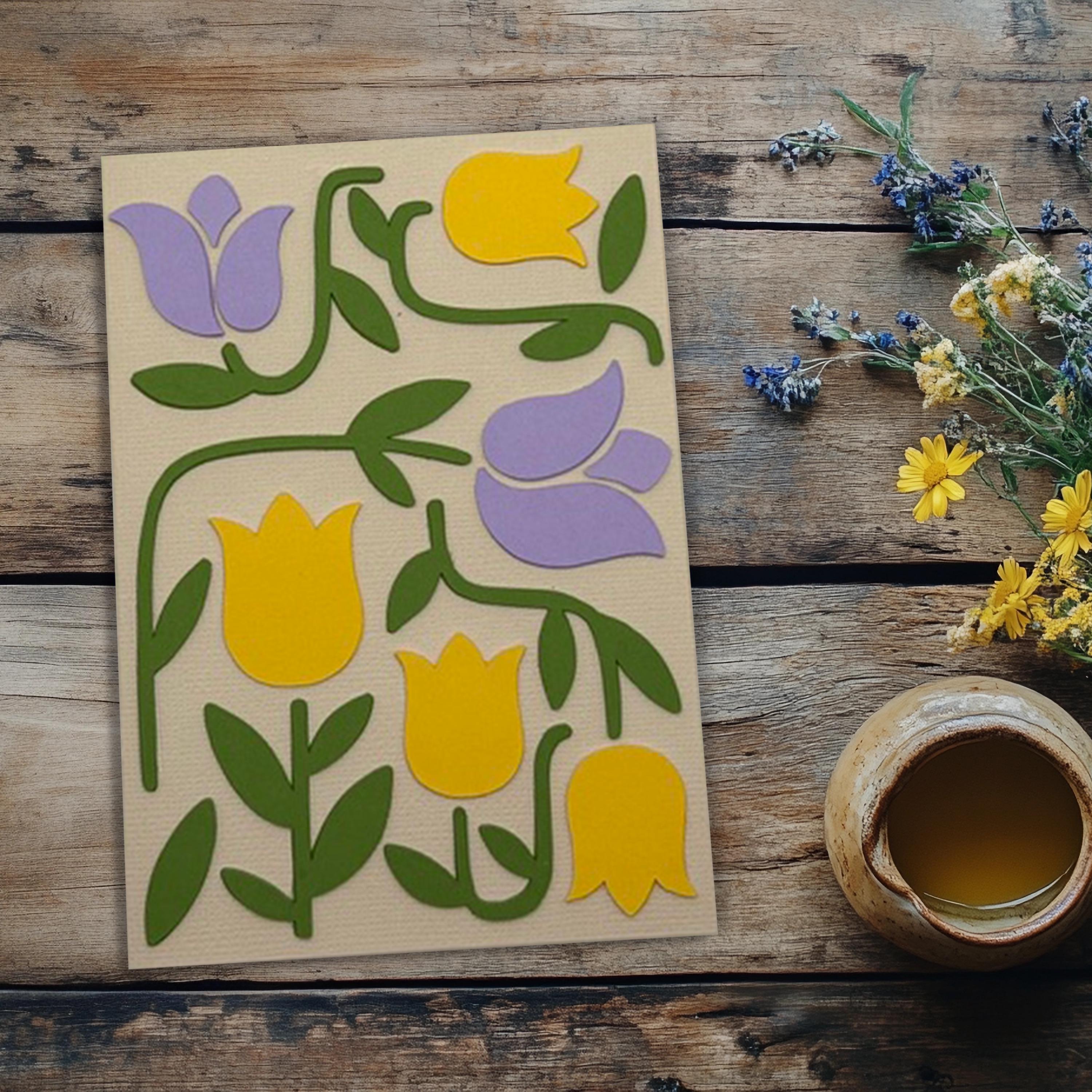 Tulip Greeting Card | Modern Papercut Floral Design in Yellow & Lilac | Birthday, Mother's Day & Thinking of You