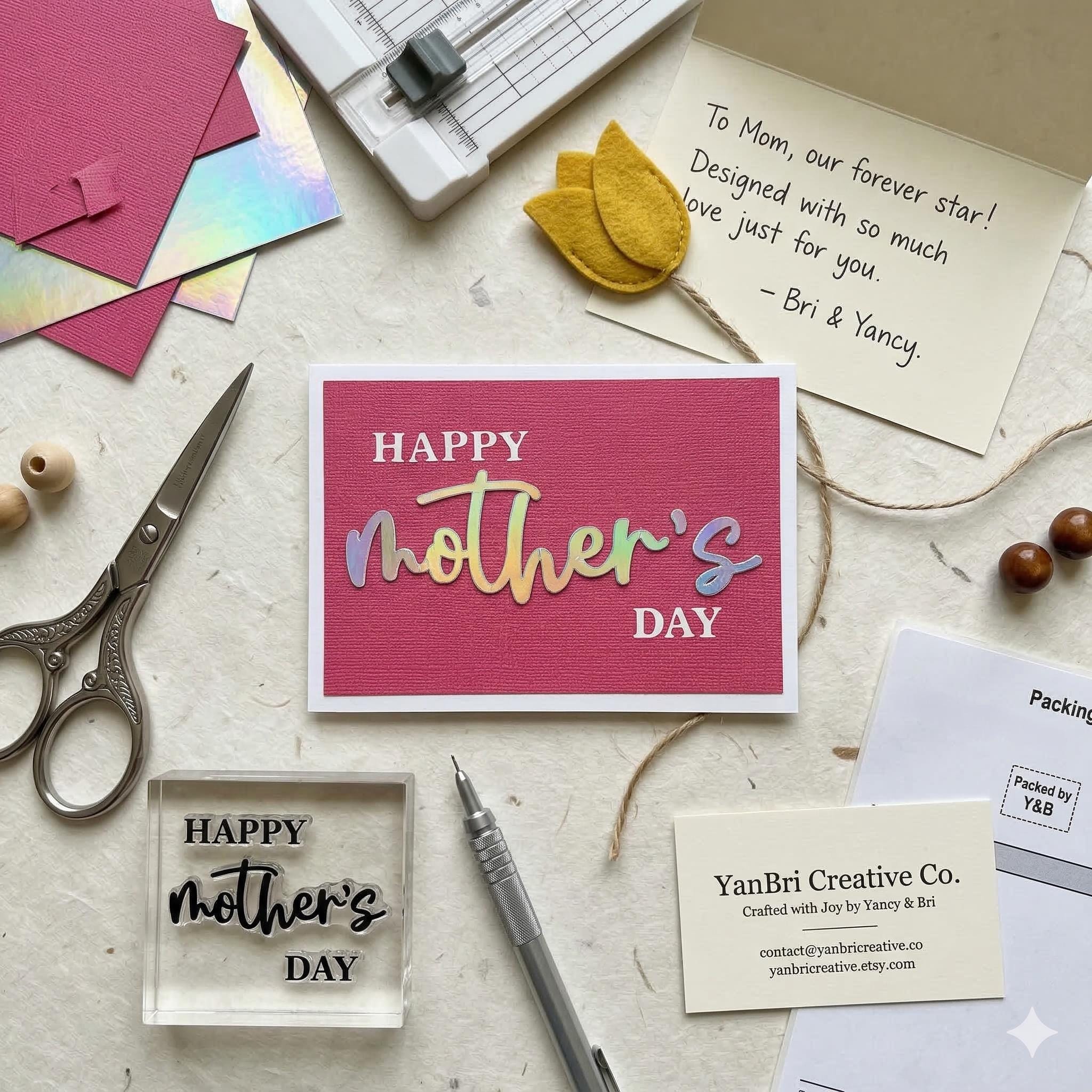 Handmade Mother's Day Card – Holographic Rainbow Script, Magenta Linen Textured Greeting