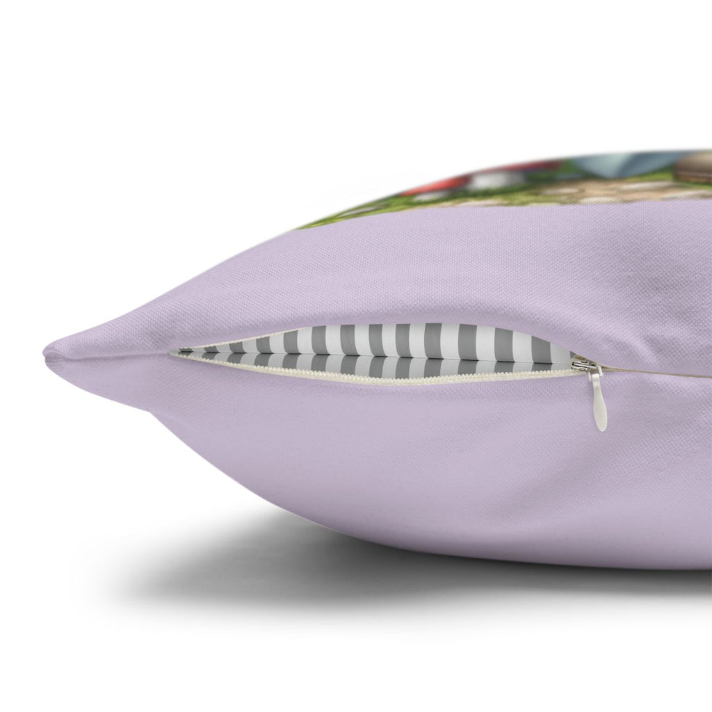 Purple pillow with gray and white striped accent and zipper detail.