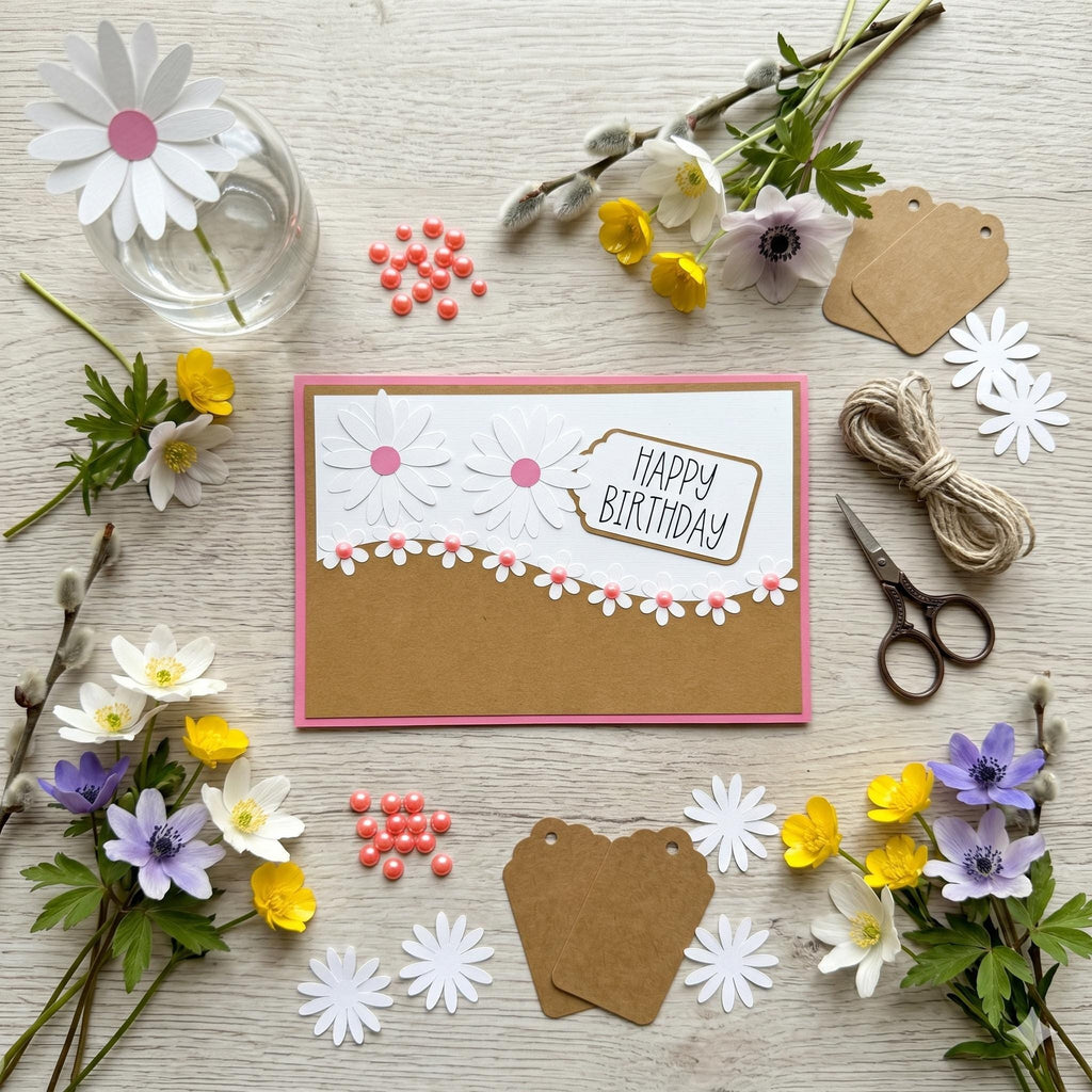 Handcrafted Daisy Birthday Card, Floral Kraft Paper Greeting, Pink Pearl Accents