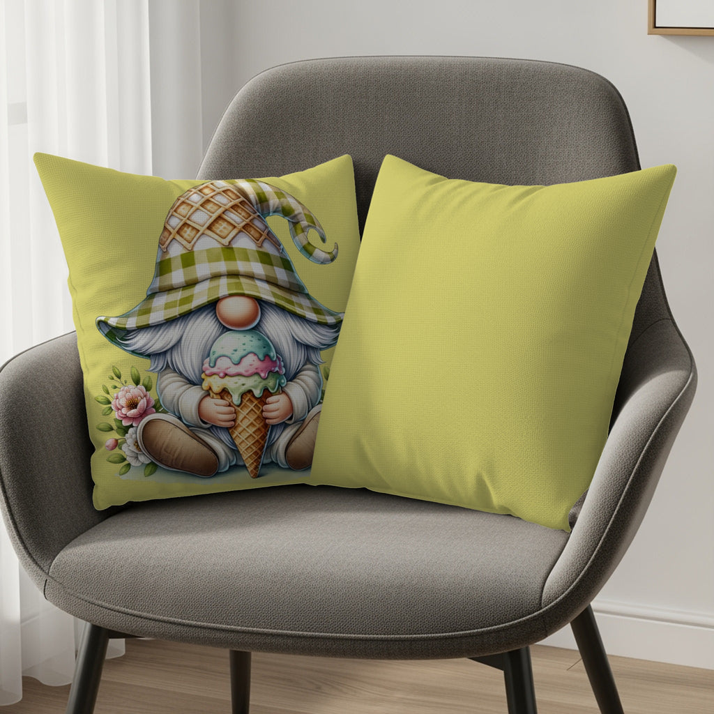 Gnome with ice cream on lime green throw pillow with checkered hat.