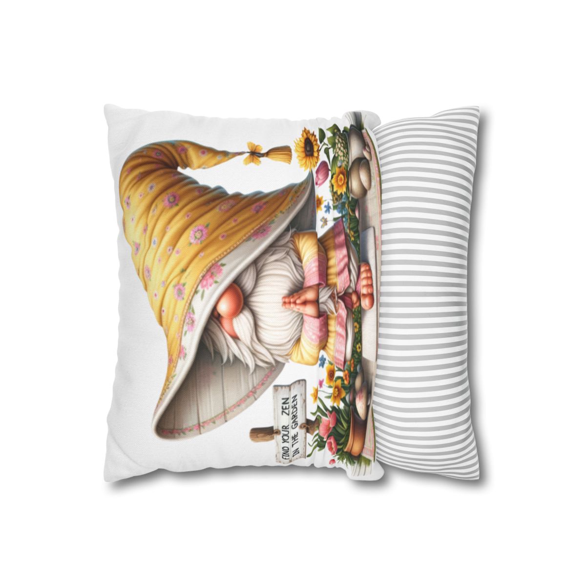 Whimsical gnome with yellow floral hat leans on a striped pillow, holding a "Find Your Zen" sign.
