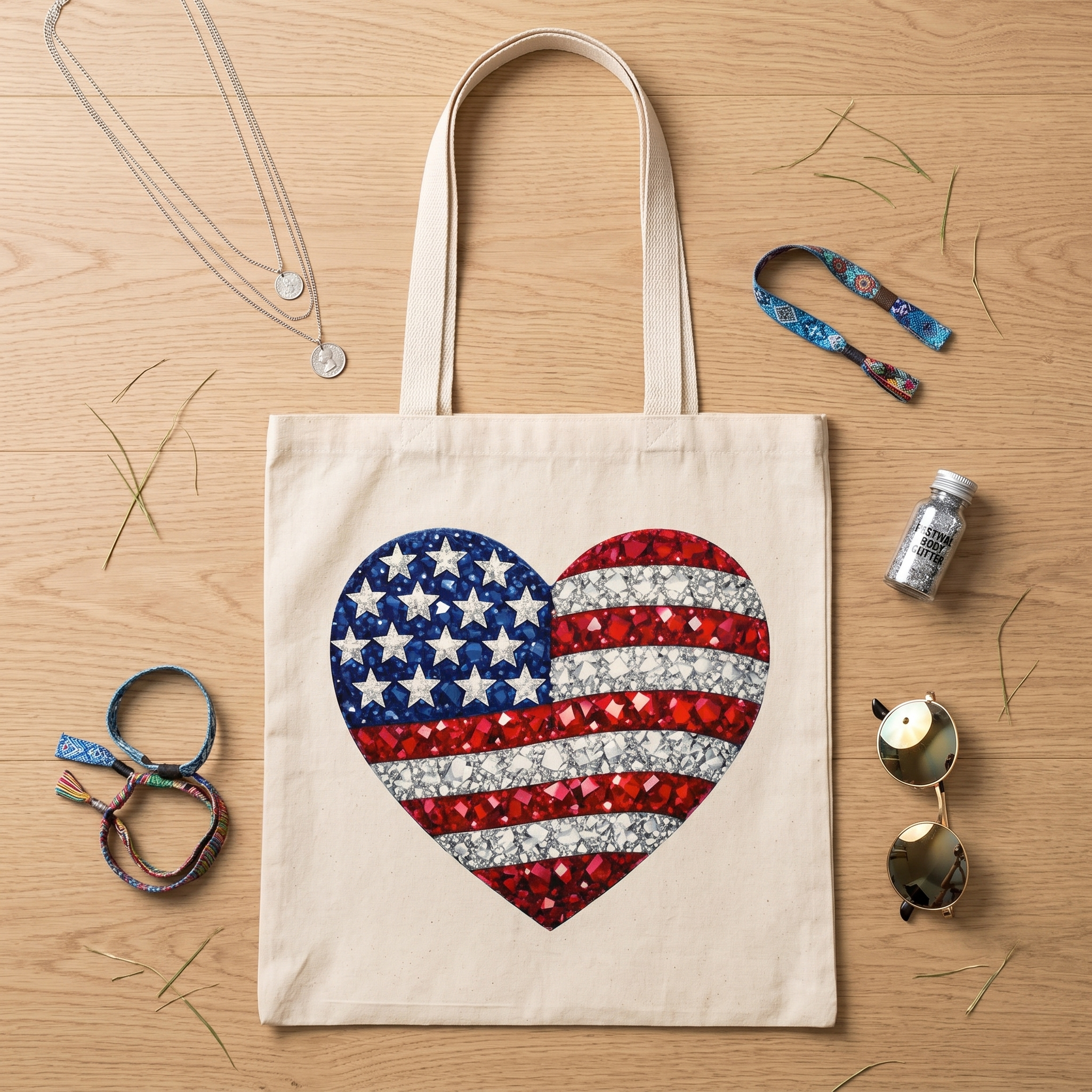 Canvas tote bag with a red, white, and blue American flag heart design.