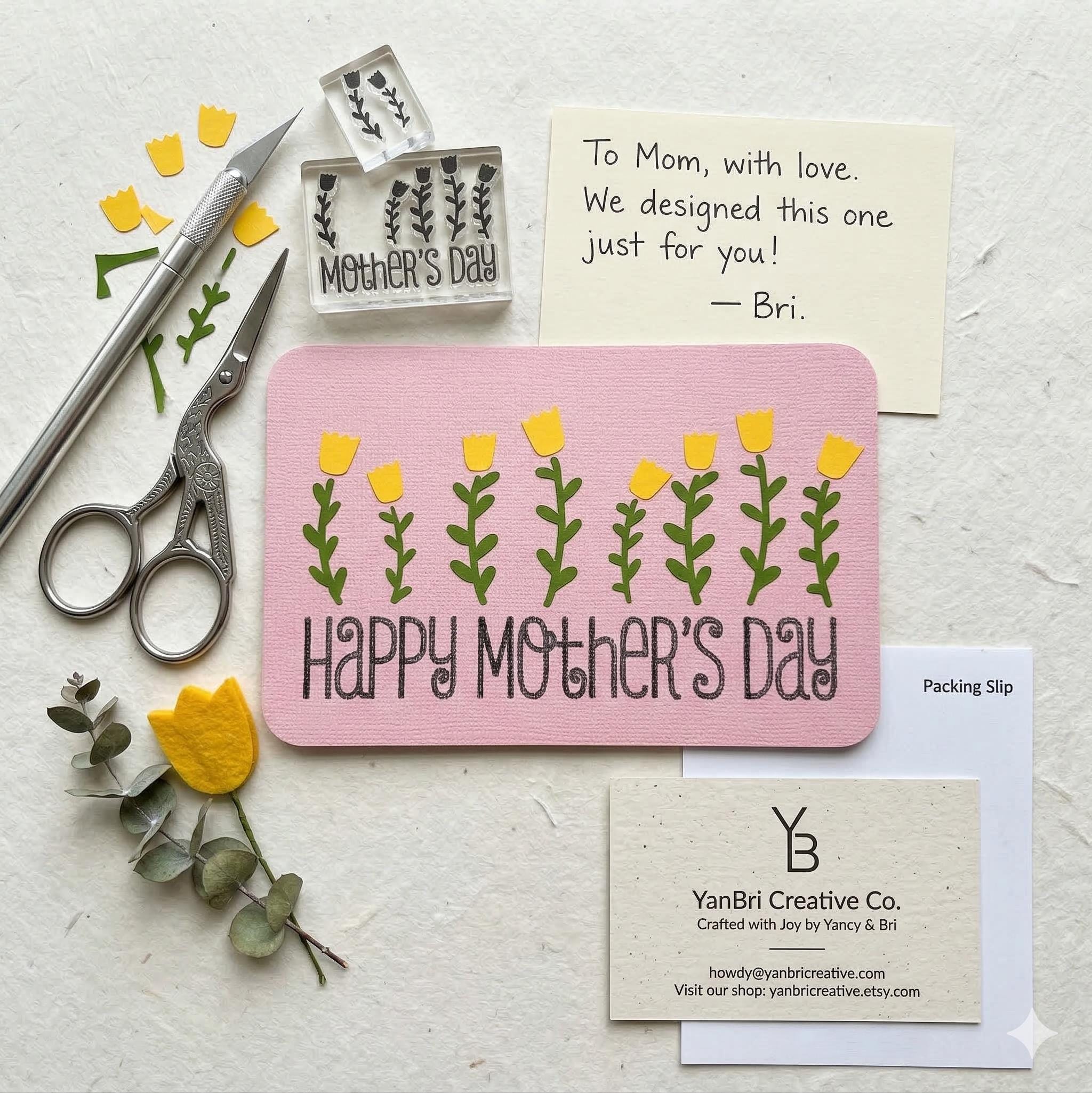 Handmade Mother's Day Postcard – Pink Linen Tulip Floral Stationery