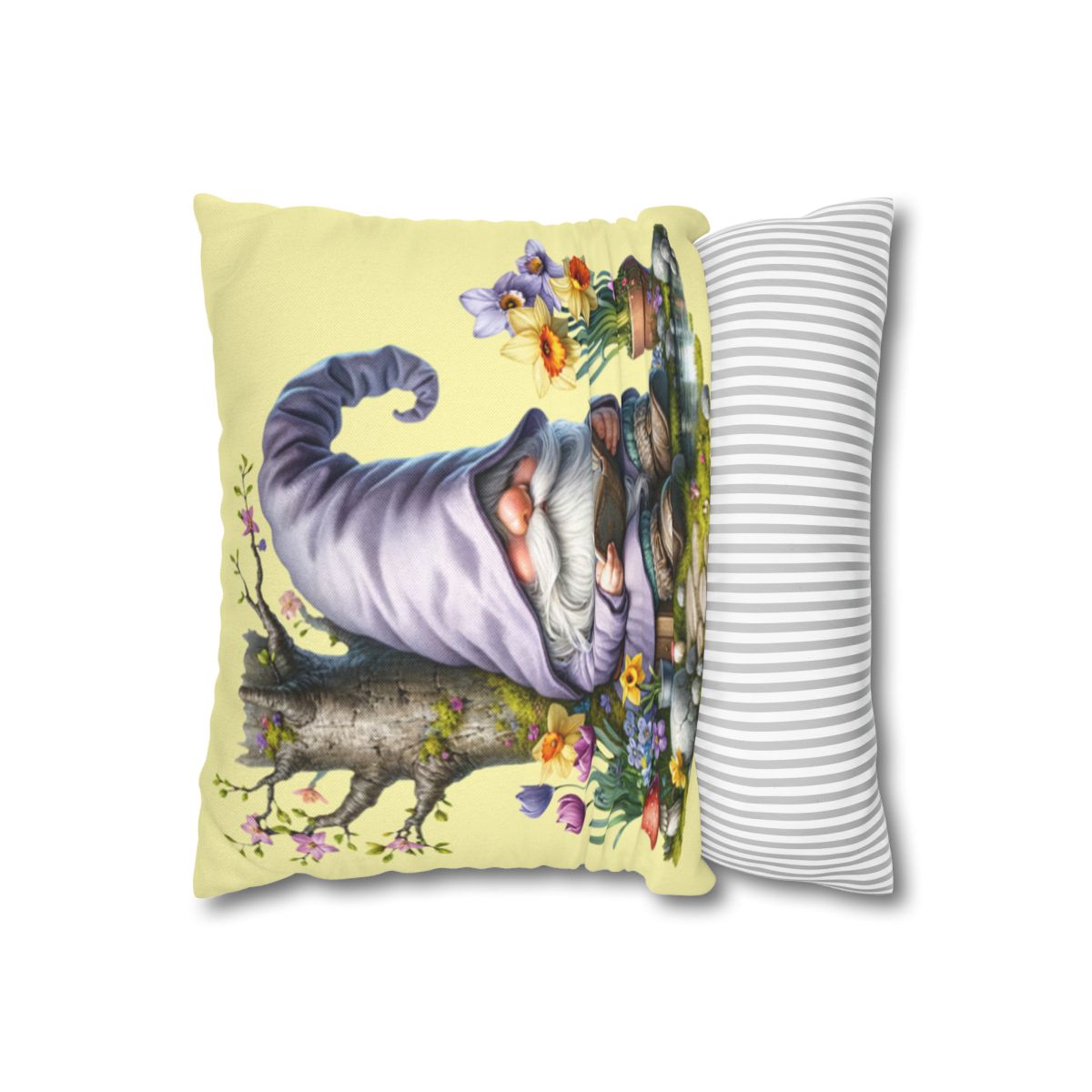 Gnome in purple hat sleeping on a tree branch with flowers, next to striped pillow.