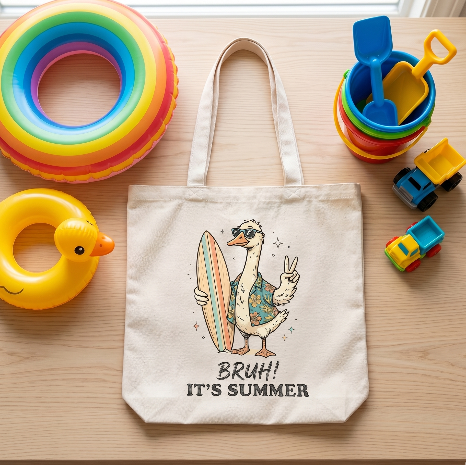 Tote bag with a duck in sunglasses and holding a surfboard, text "BRUH! IT'S SUMMER".