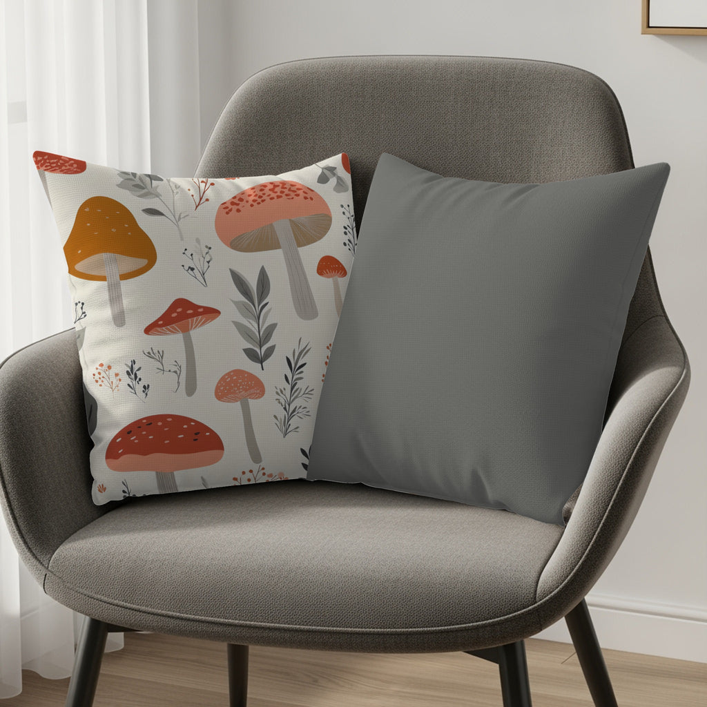 Two decorative throw pillows on a grey armchair, one with a mushroom pattern, the other solid grey.