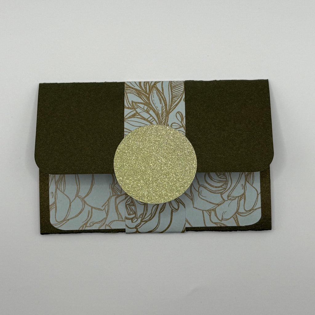 Gift Card Holder – Olive Green Floral & Gold Glitter Handmade Wallet