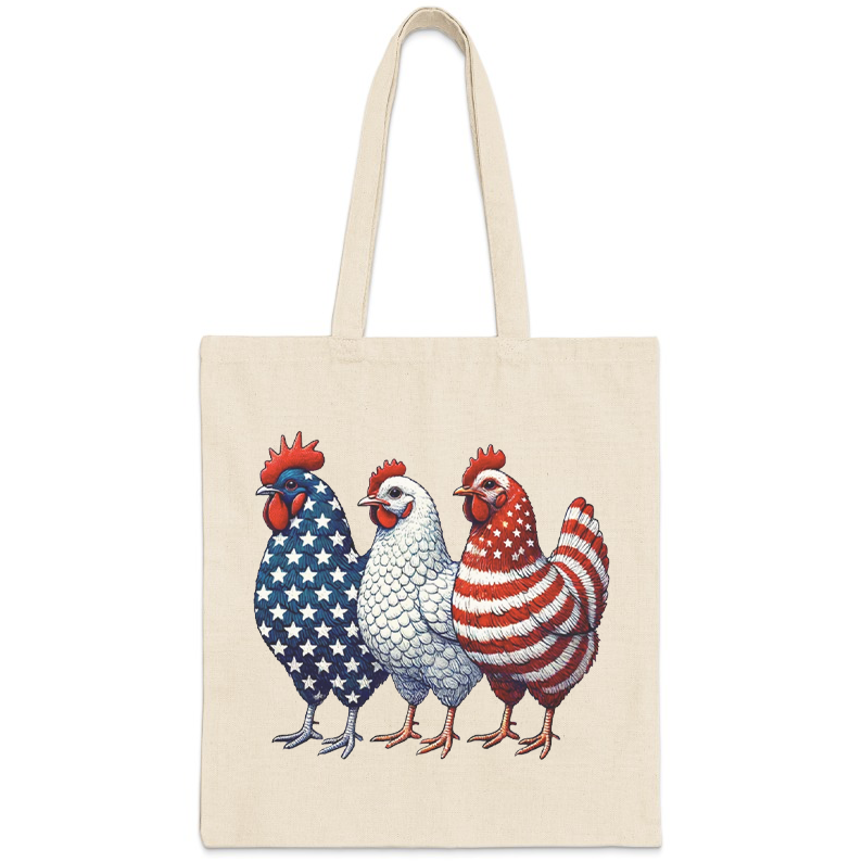 Three chickens with patriotic red, white, and blue designs stand side-by-side.
