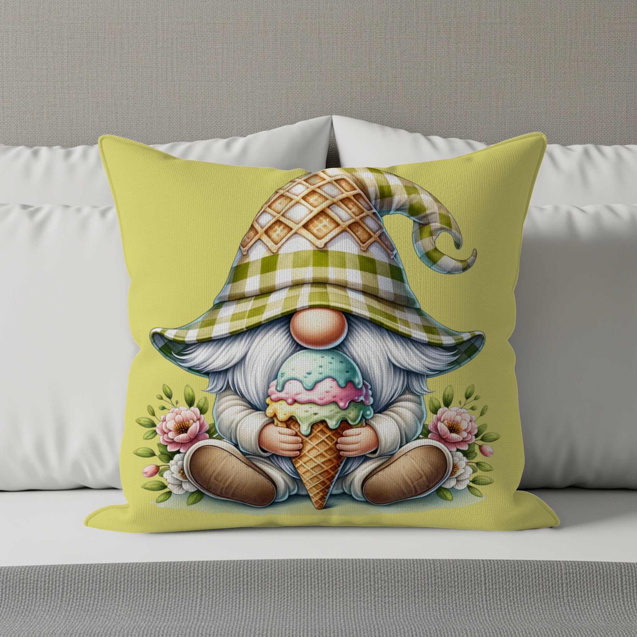 Gnome wearing a checkered hat holding an ice cream cone.