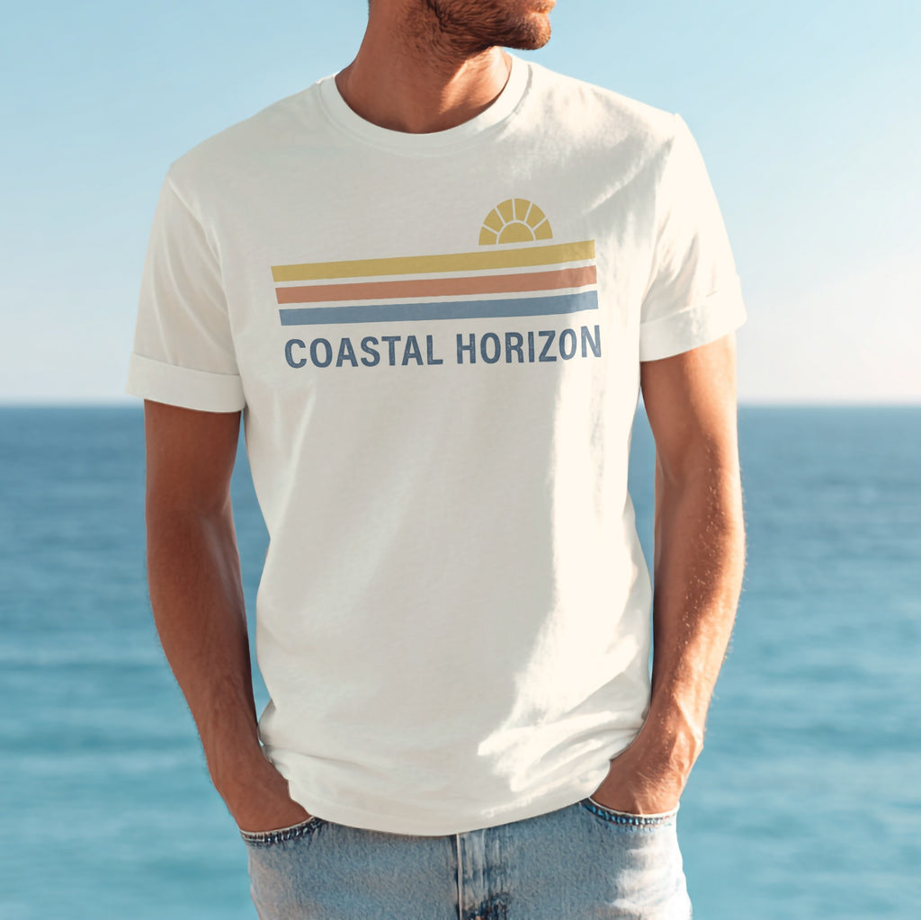 White t-shirt with "COASTAL HORIZON" and striped sun graphic.