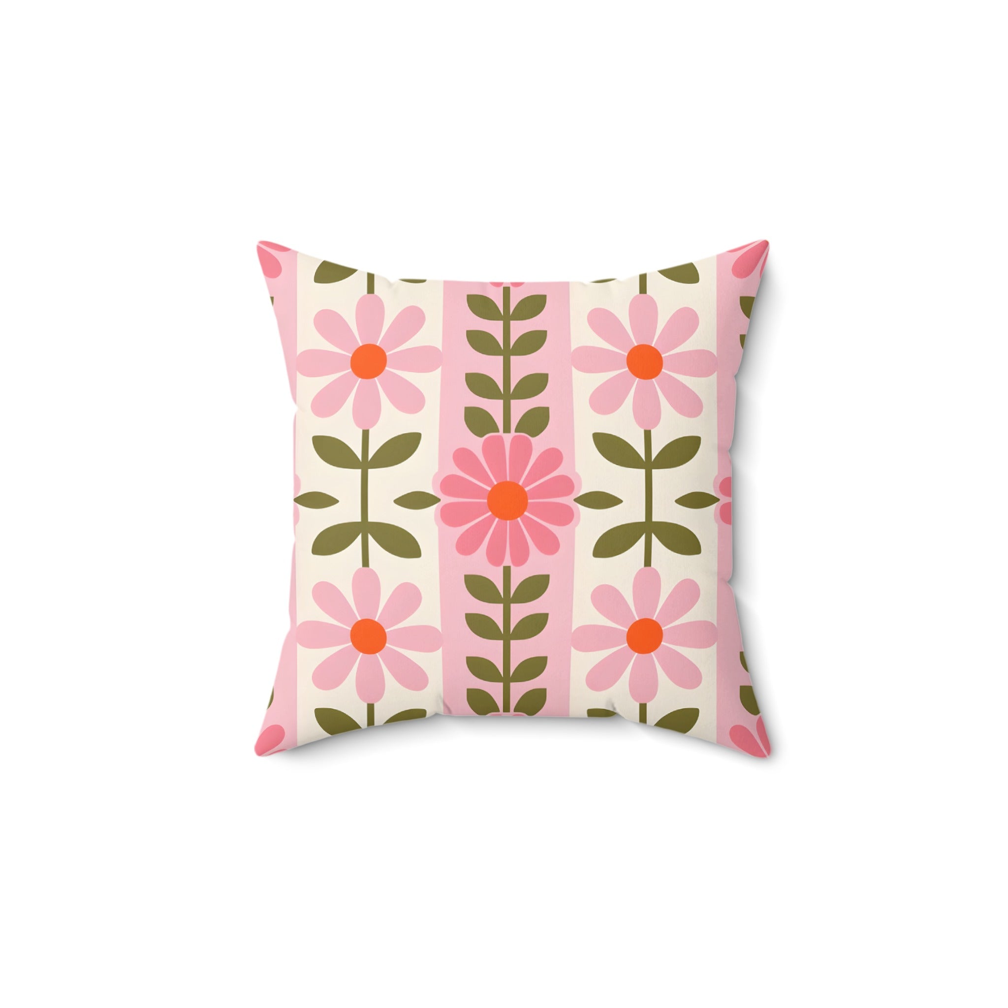 Square pillow with pink flowers and green stems on a striped background.