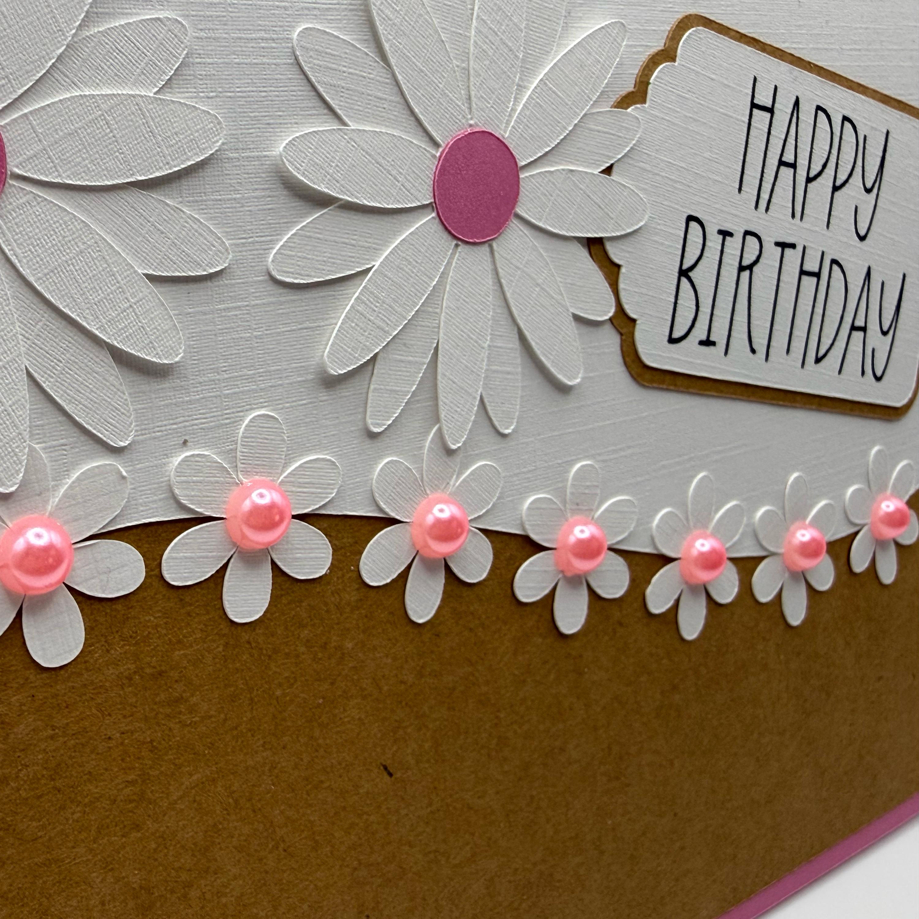 Handcrafted Daisy Birthday Card, Floral Kraft Paper Greeting, Pink Pearl Accents