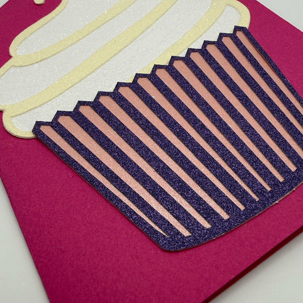 Handmade Glitter Cupcake Birthday Card – Pink Purple Layered 3D Greeting (Arched Top)