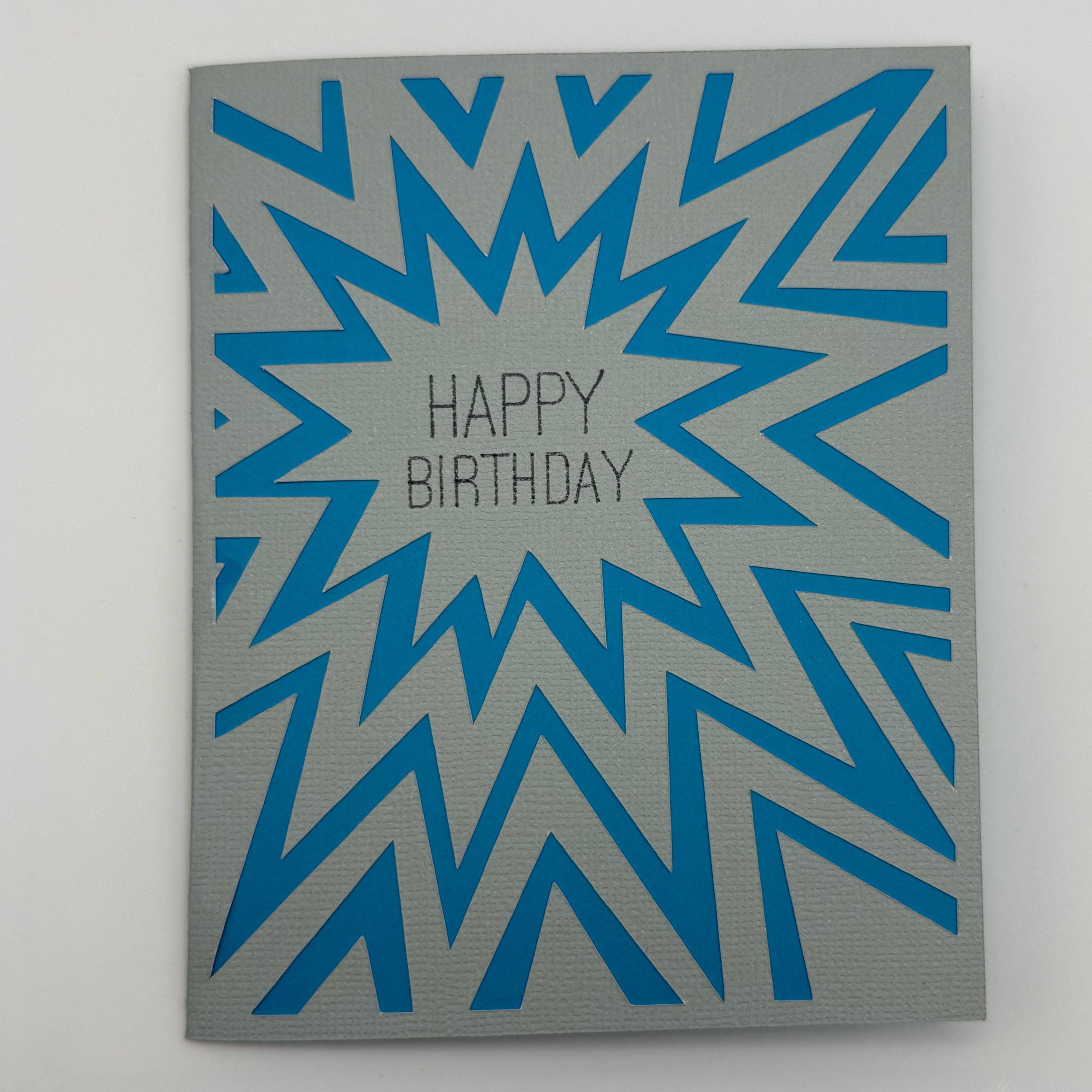 Handmade Pop Art Birthday Card – Blue Grey Sunburst 3D Layered Greeting Card