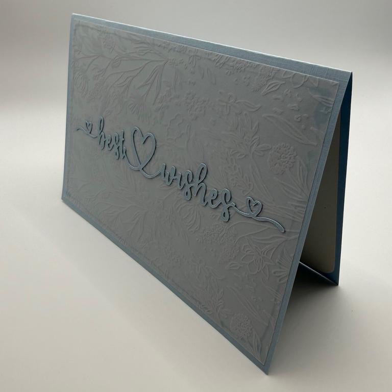 "Best Wishes" Wedding Greeting Card – Dust Blue Floral Die-Cut Heart Design