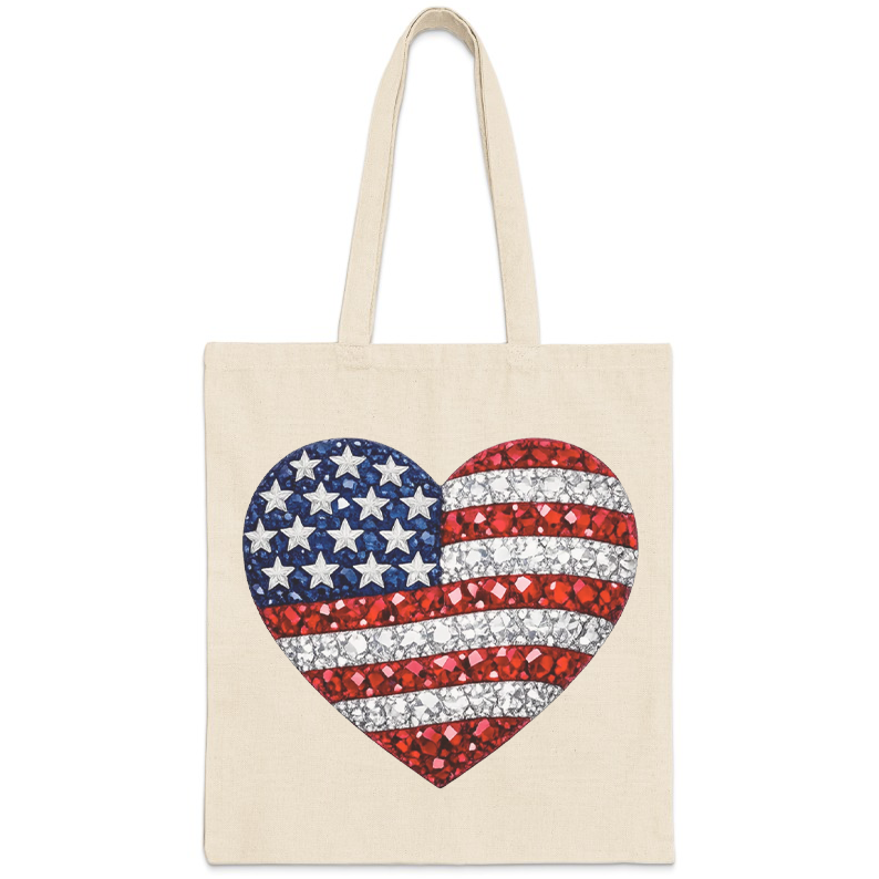 Tote bag with a heart-shaped American flag made of rhinestones.