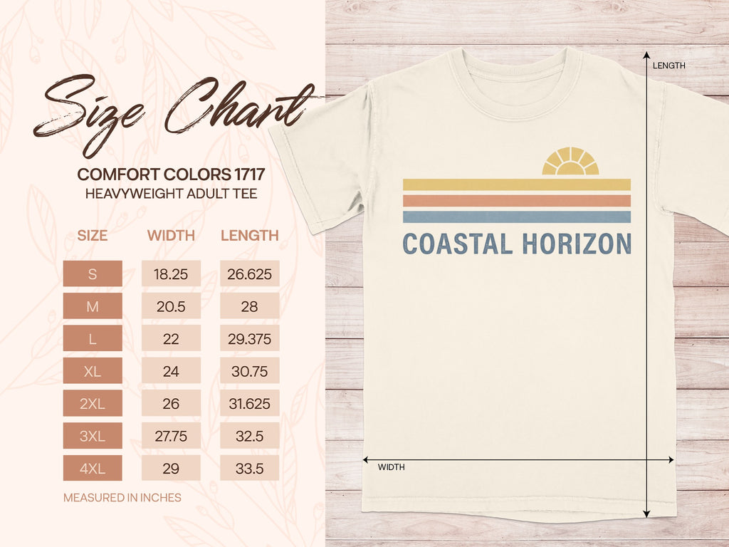 Coastal Horizon t-shirt size chart with measurements for size, width, and length.