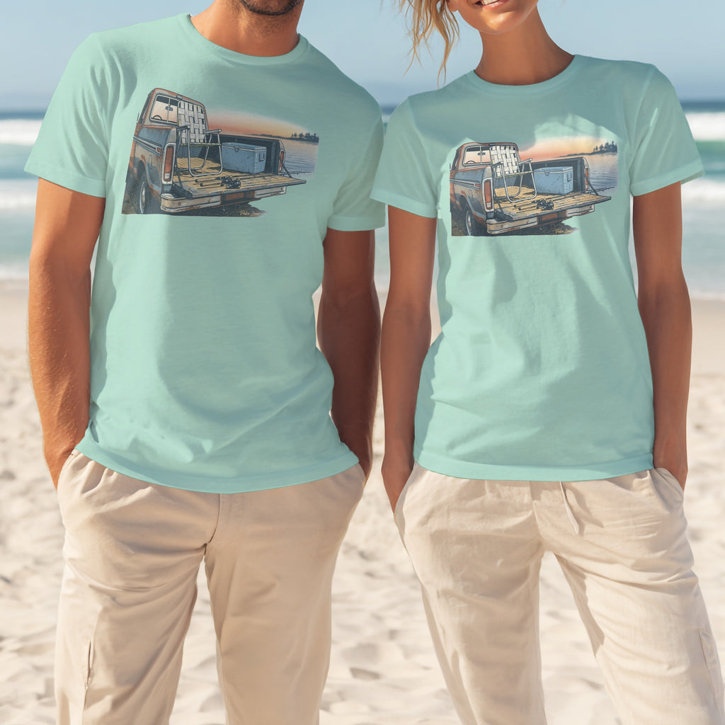 T-shirt with illustration of a vintage pickup truck by a lake.