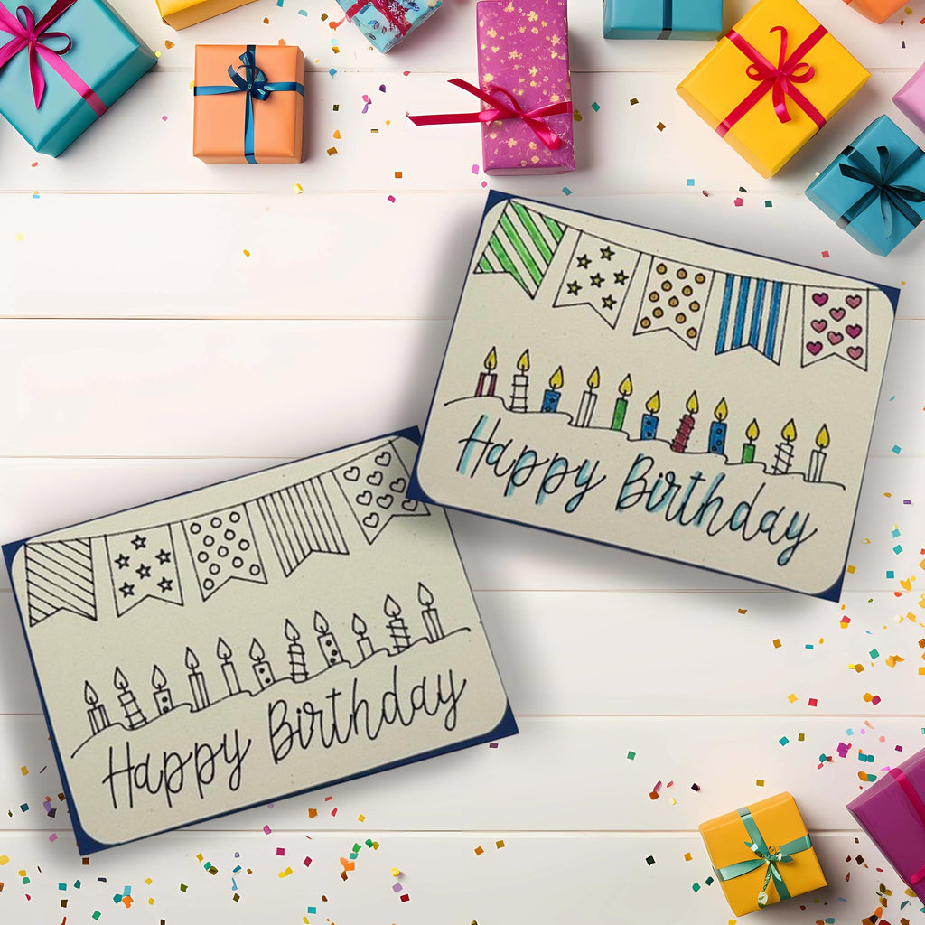 Birthday Candle Greeting Card | Color Your Own or Pre-Colored | Kids Activity & Party Gift