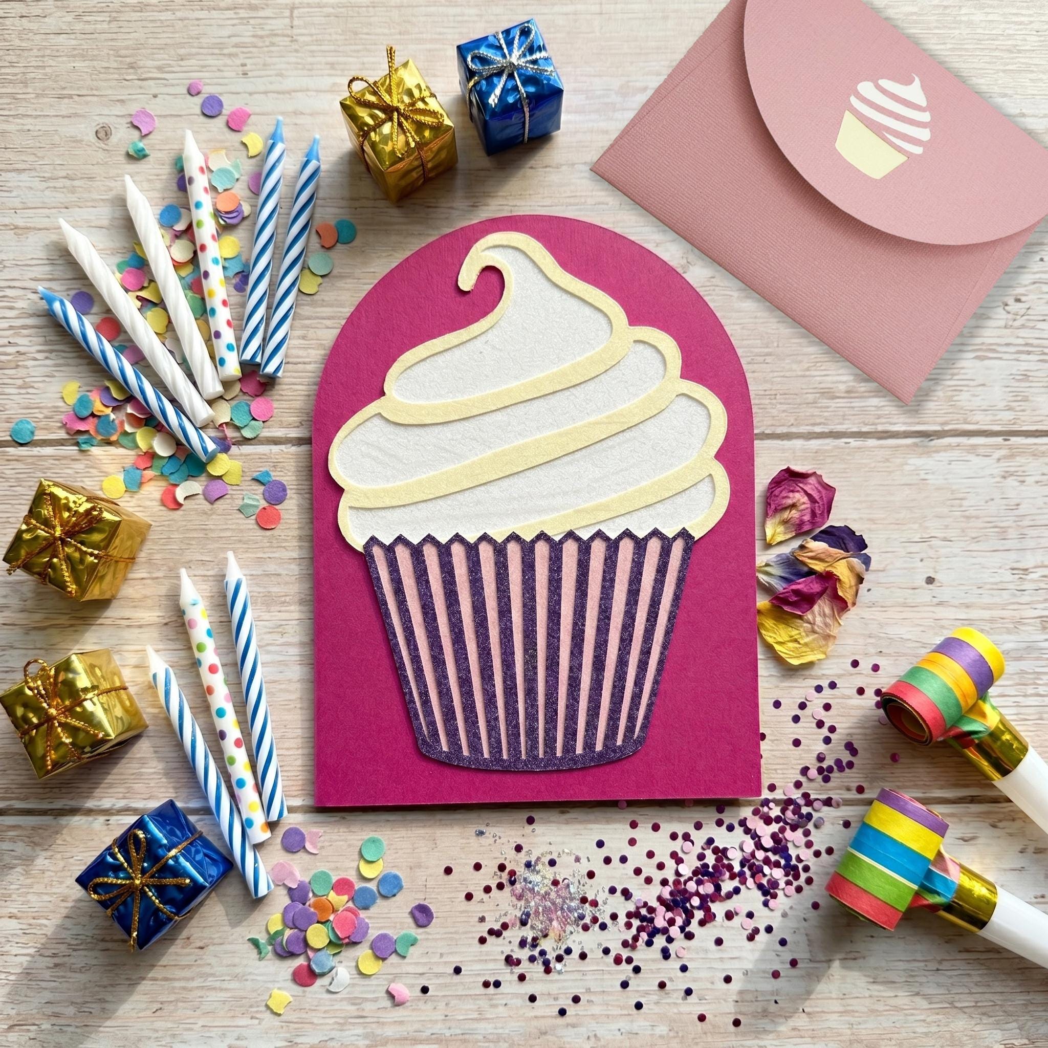 Handmade Glitter Cupcake Birthday Card – Pink Purple Layered 3D Greeting (Arched Top)