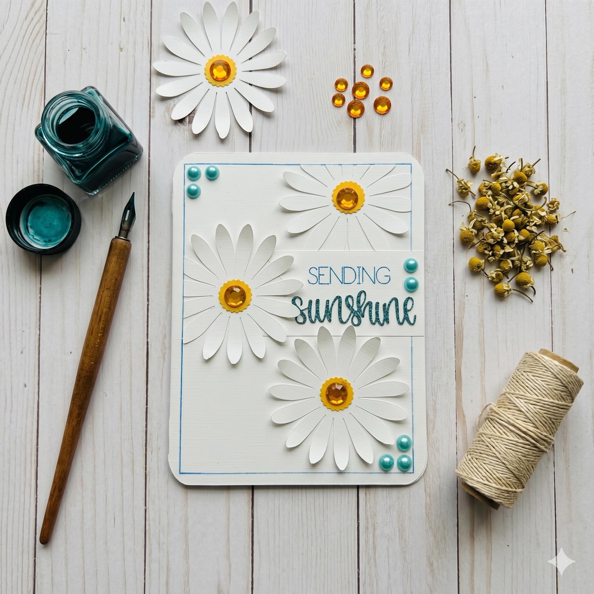 Handmade Daisy Card – 3D Layered Sunburst Greeting, Blue Yellow White Floral Art
