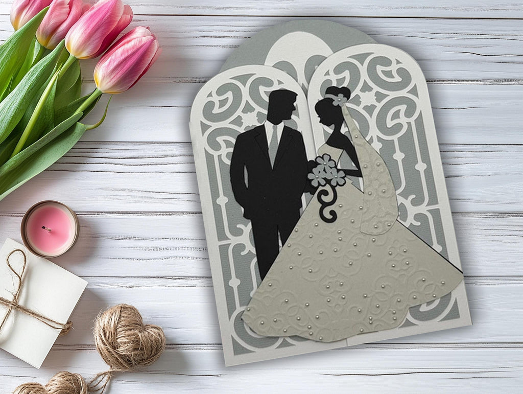 3D Gatefold Wedding Card | Bride & Groom Silhouette with Embossed Gown & Pearl Details | Luxury Wedding & Bridal Shower Gift