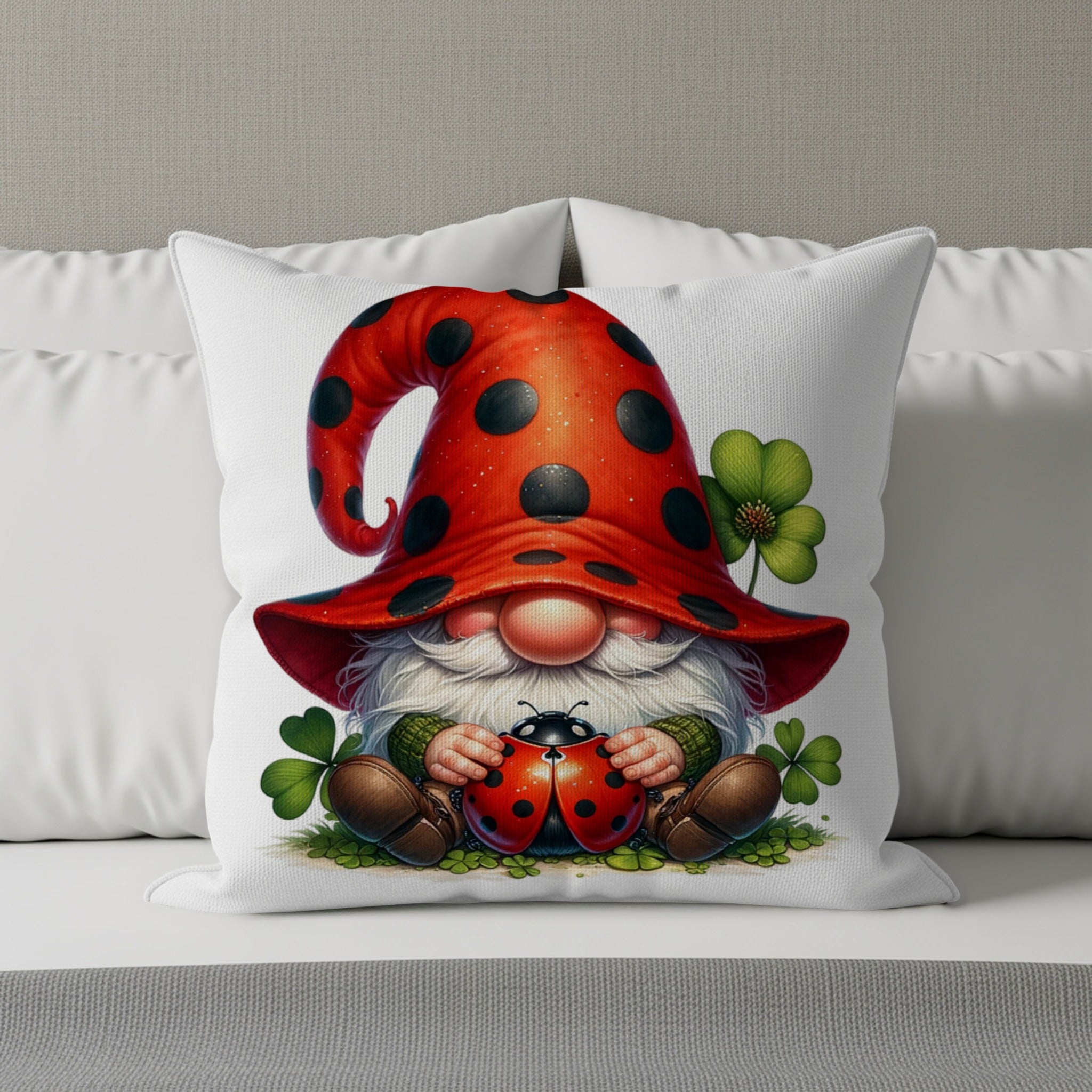 Gnome wearing a red polka dot hat holding a ladybug, with clover.
