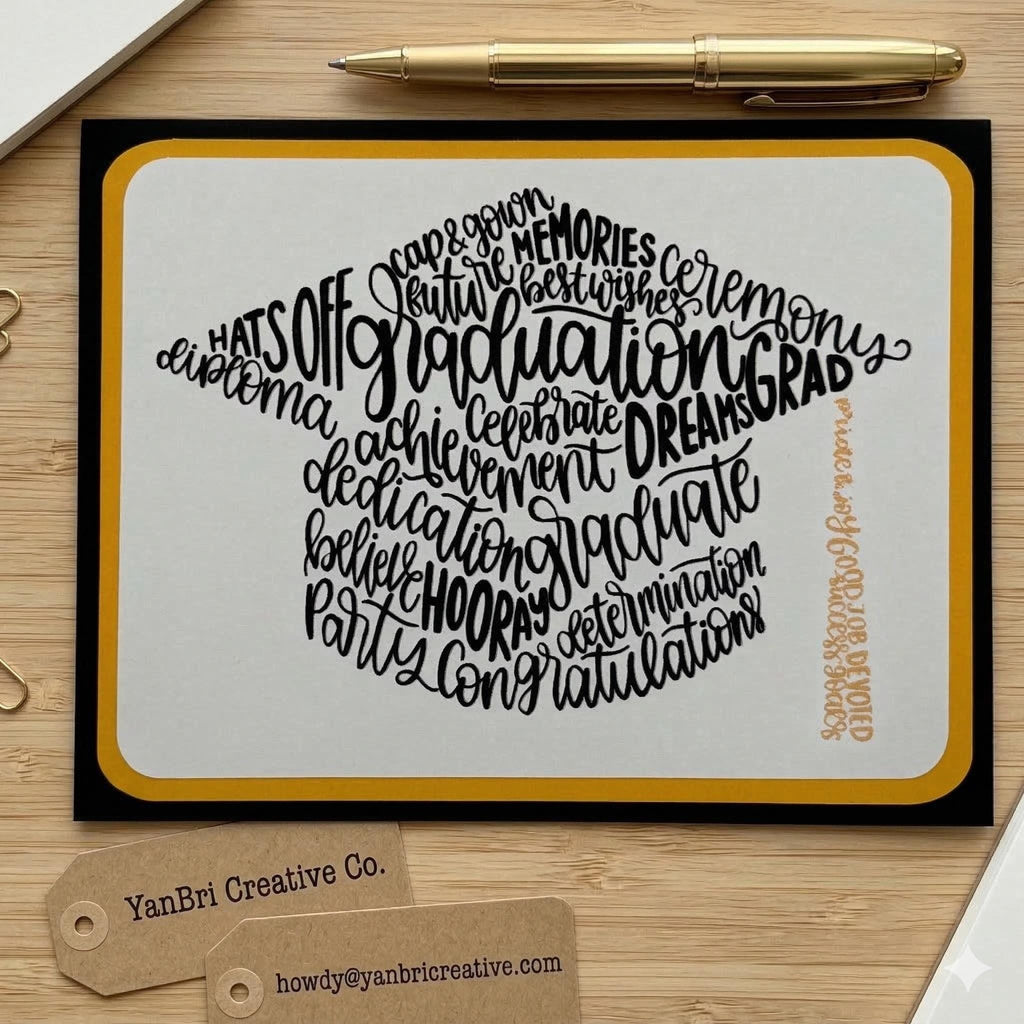 Graduation Card – Mortarboard Word Art in Black & Gold