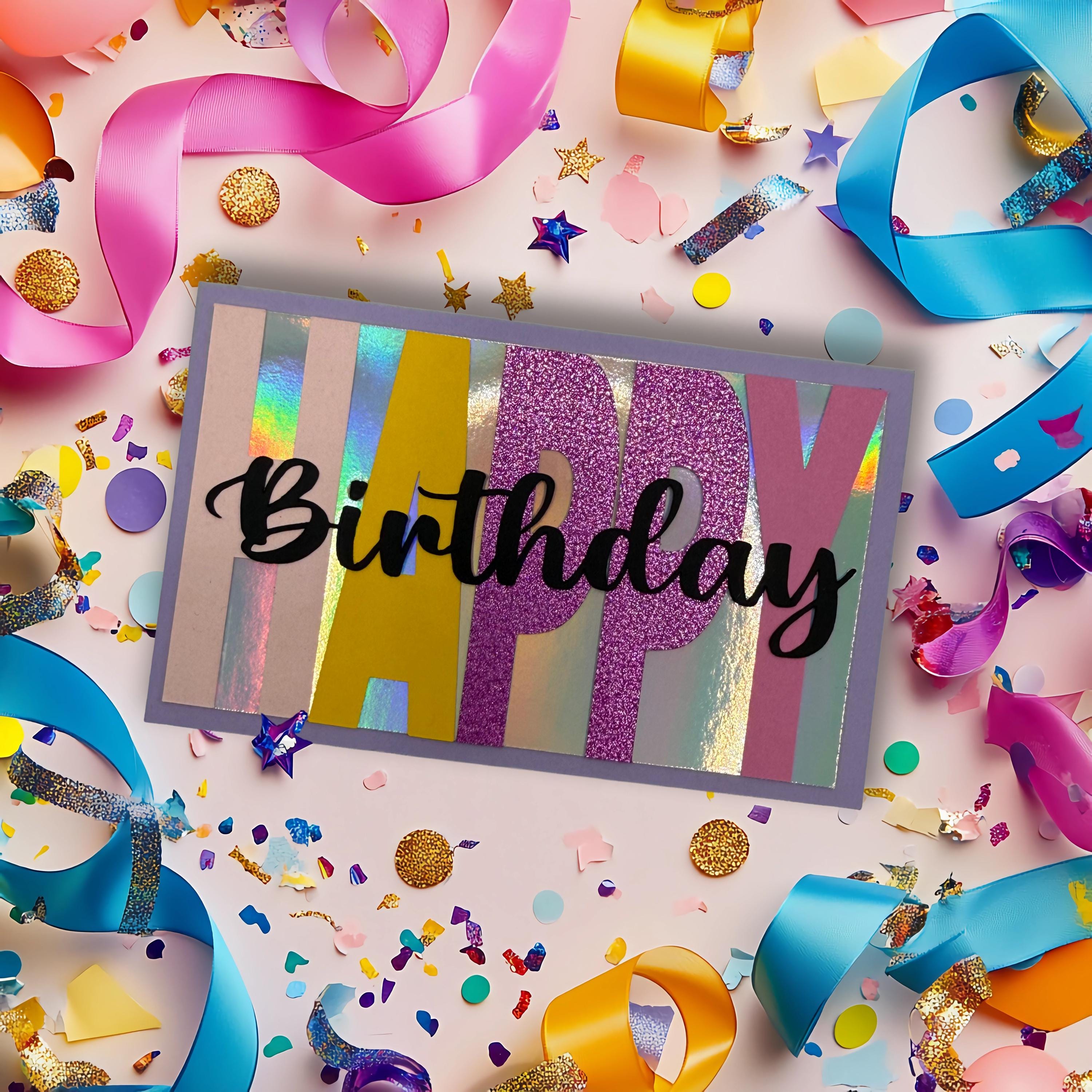 Handmade Happy Birthday Card | Purple Glitter & Holographic Accents