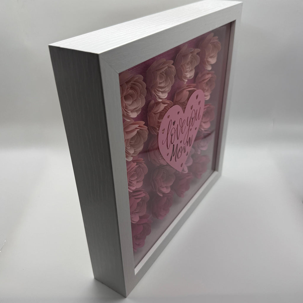 Paper Flower Heart Shadow Box – "Love You Mom" Bejeweled 3D Wall Art, Pink or Purple