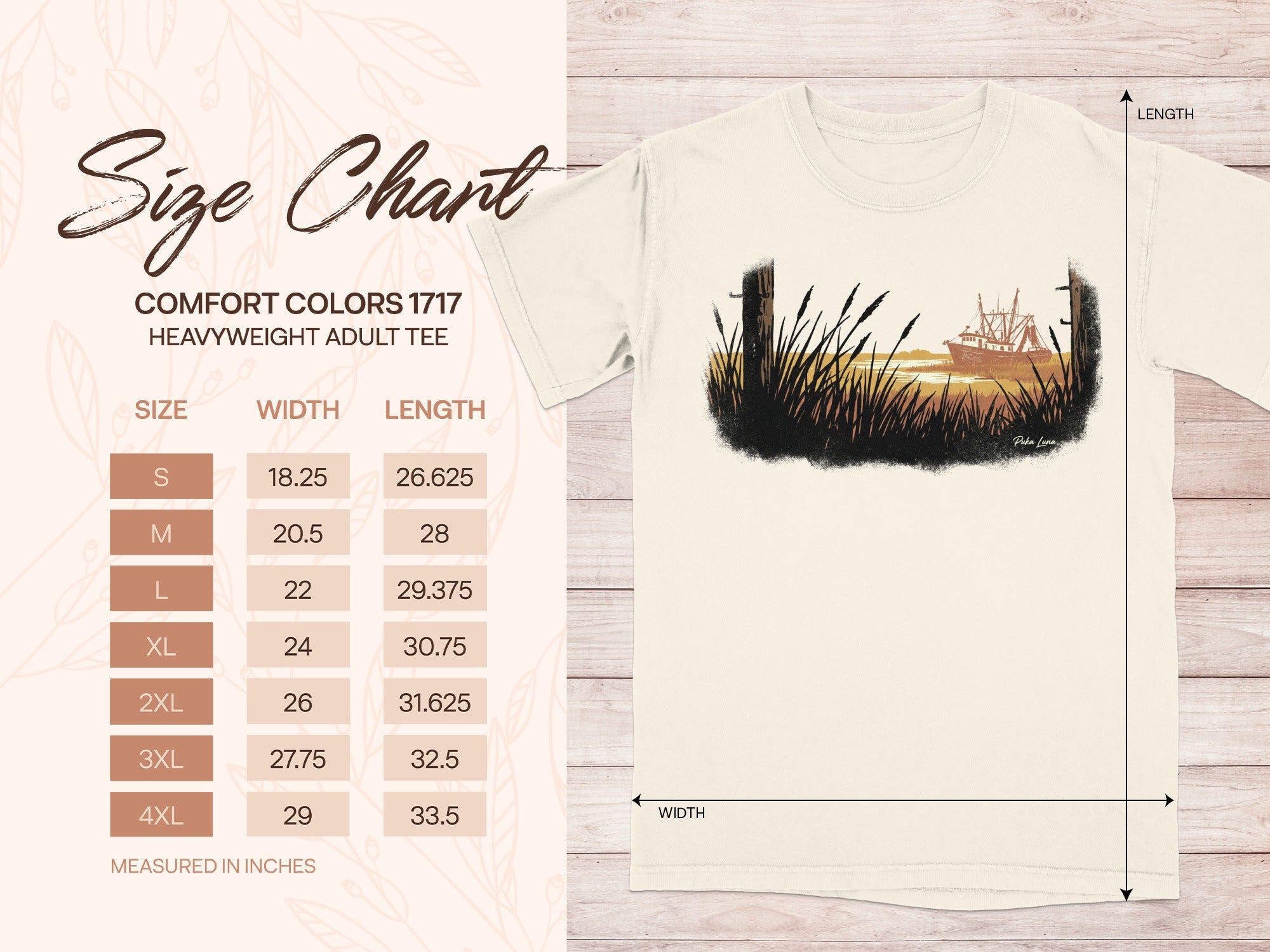 Comfort Colors 1717 size chart for heavyweight adult tee, measured in inches.