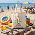 Tote bag with a cartoon duck on a surfboard and "Bruh! It's Summer" text.