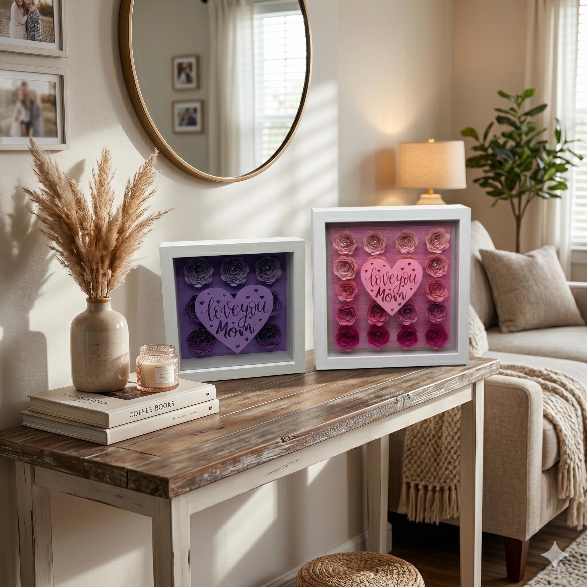 Paper Flower Heart Shadow Box – "Love You Mom" Bejeweled 3D Wall Art, Pink or Purple