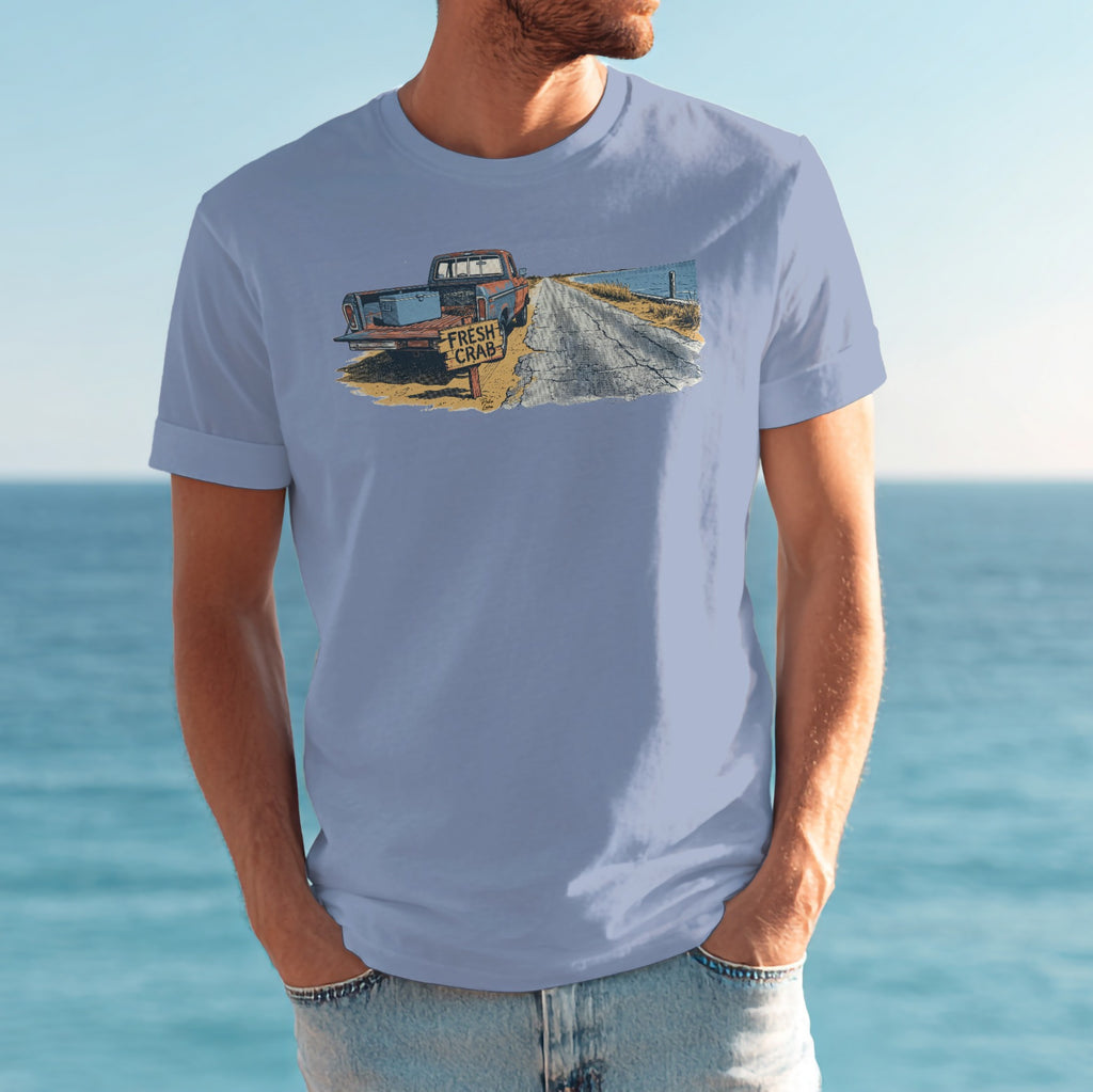 Light blue t-shirt with graphic of vintage red truck and "FRESH CRAB" sign.