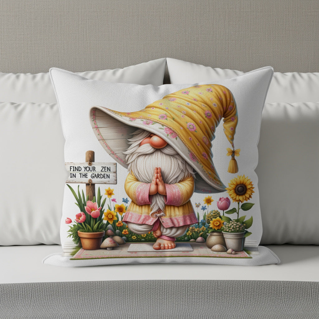Gnome meditating in garden on yoga mat, with sunflowers and "Find Your Zen" sign.