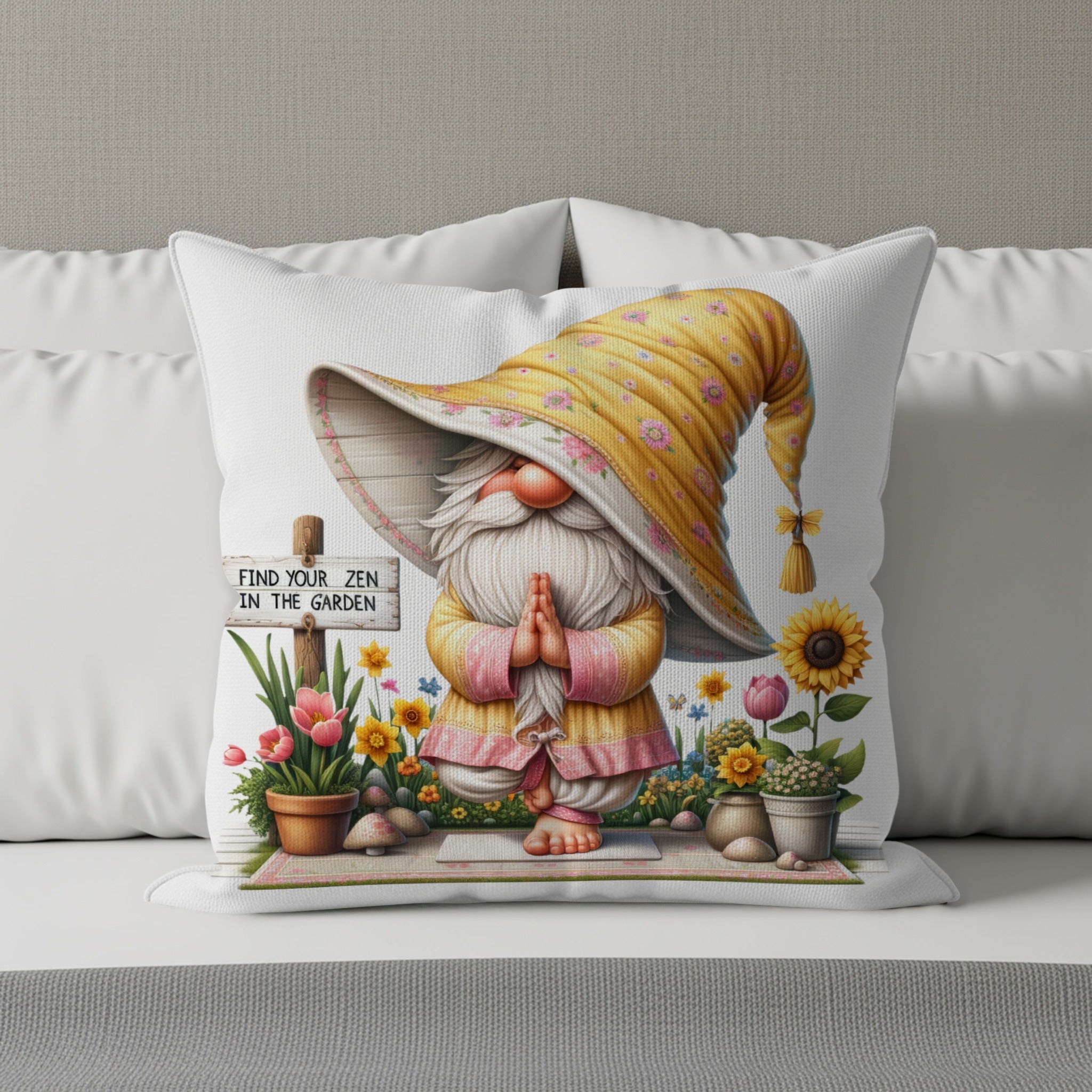 Gnome meditating in garden on yoga mat, with sunflowers and "Find Your Zen" sign.