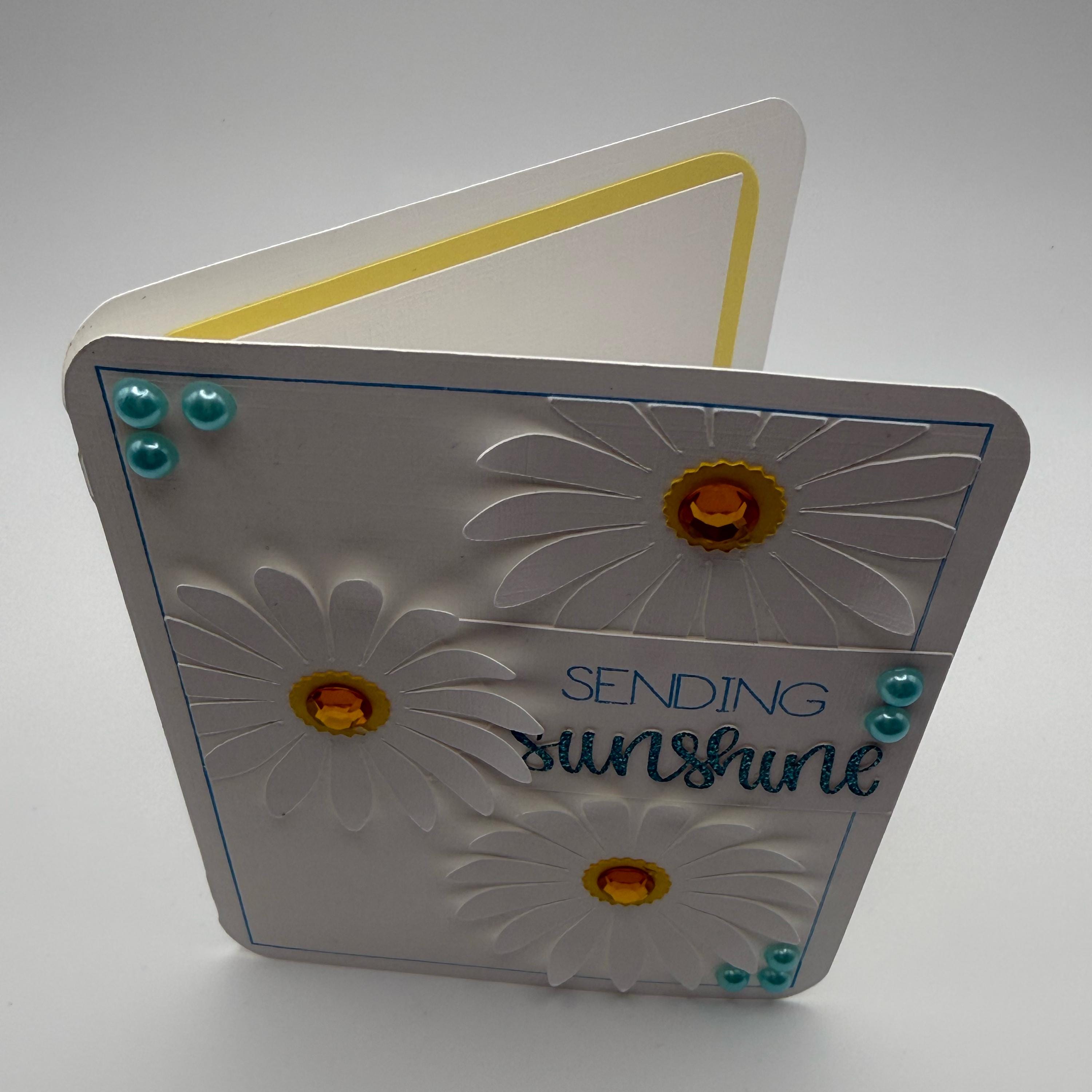 Handmade Daisy Card – 3D Layered Sunburst Greeting, Blue Yellow White Floral Art
