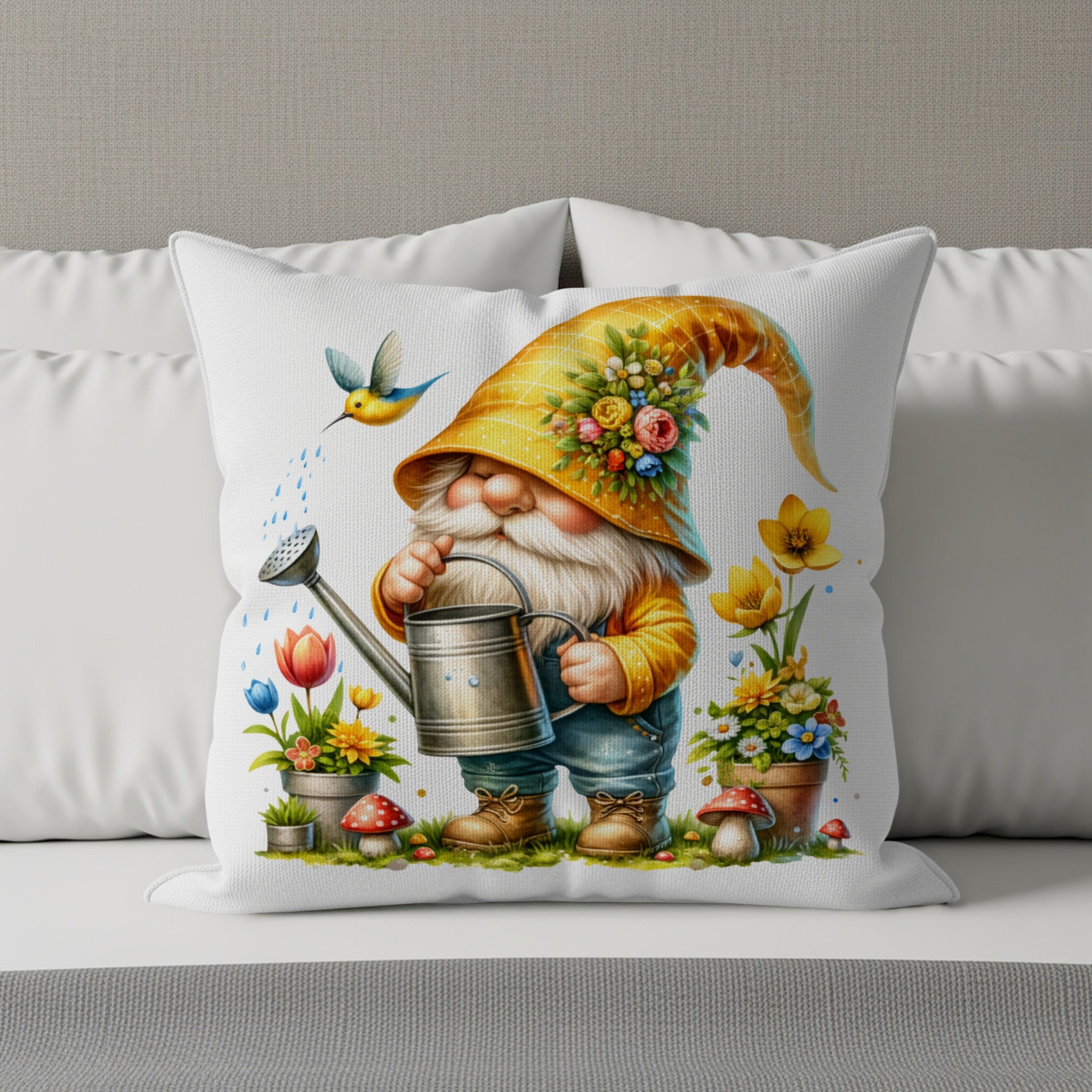 Gnome with watering can tends to flowers in a garden setting.