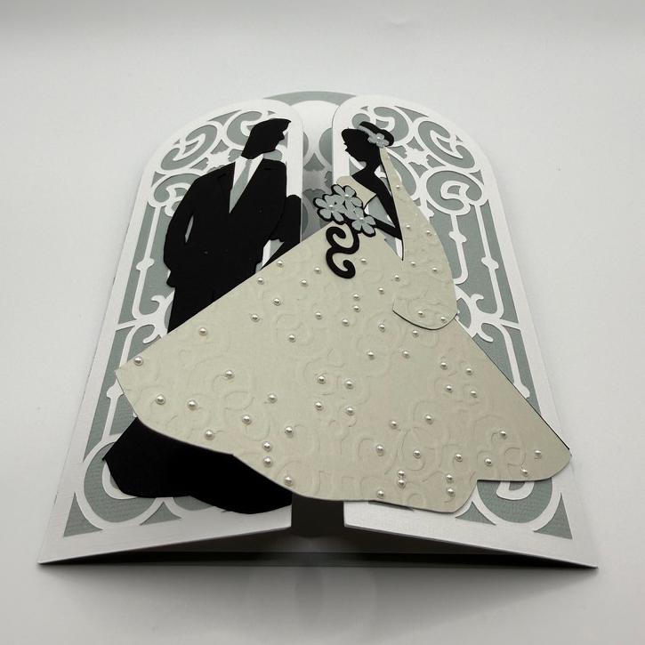3D Gatefold Wedding Card | Bride & Groom Silhouette with Embossed Gown & Pearl Details | Luxury Wedding & Bridal Shower Gift