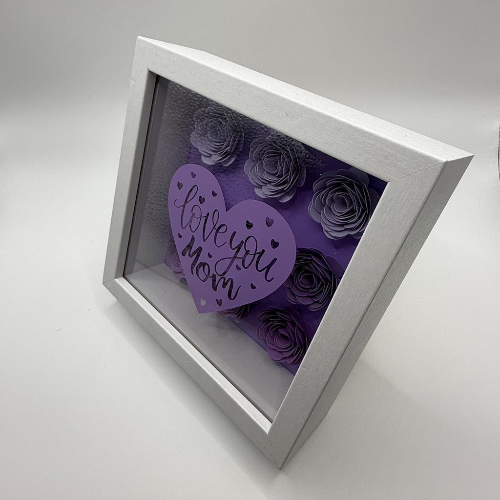 Paper Flower Heart Shadow Box – "Love You Mom" Bejeweled 3D Wall Art, Pink or Purple