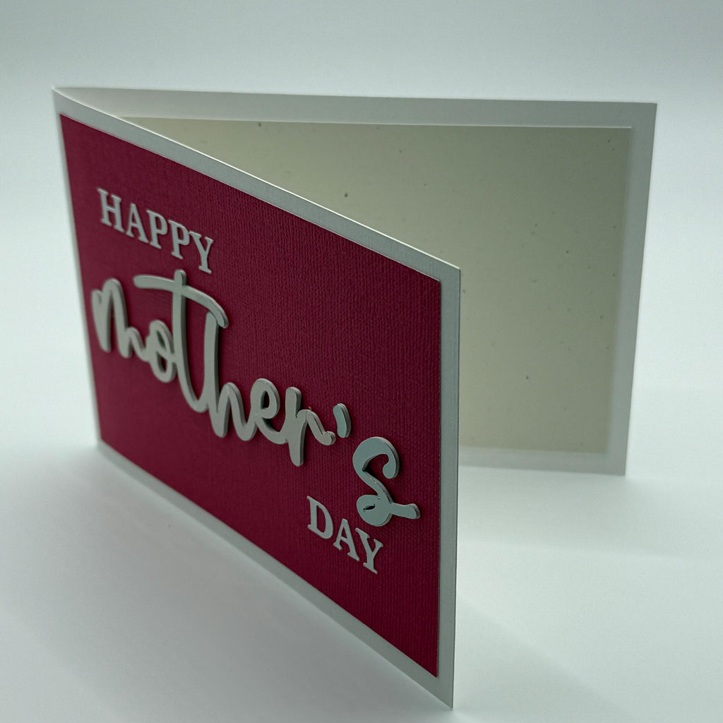 Handmade Mother's Day Card – Holographic Rainbow Script, Magenta Linen Textured Greeting