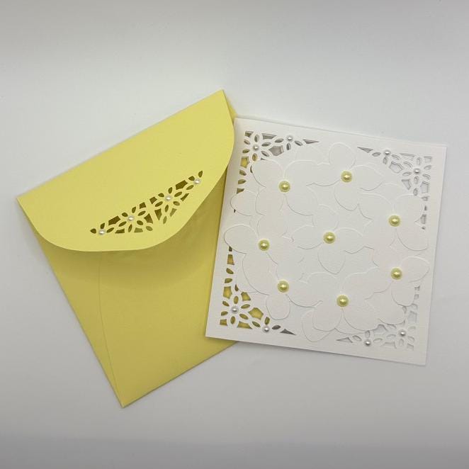 Laser Cut Floral Greeting Card | White Lace with Pearl Accents & Handmade Envelope | Wedding, Bridal Shower & Birthday