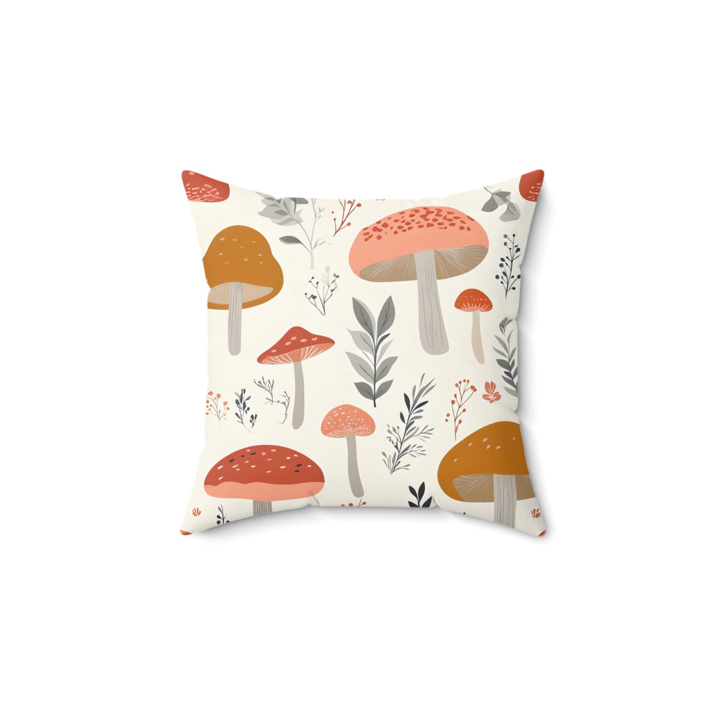 Pillow with a repeating pattern of red and orange mushrooms and botanical elements.
