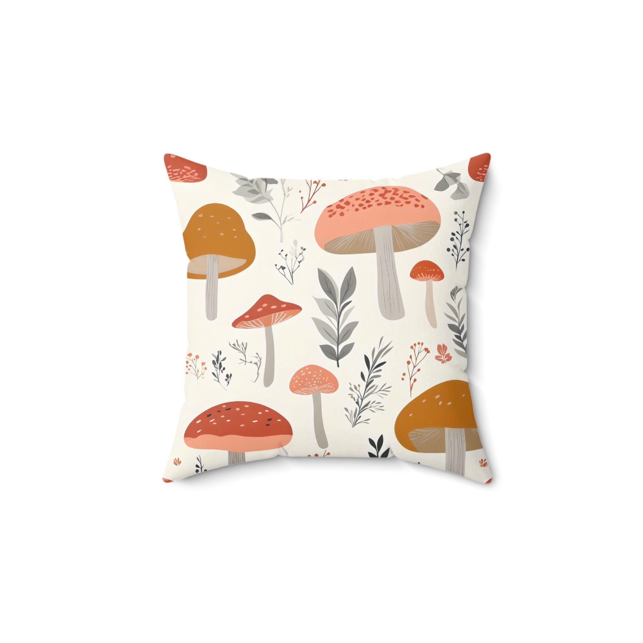 Pillow with a repeating pattern of red and orange mushrooms and botanical elements.