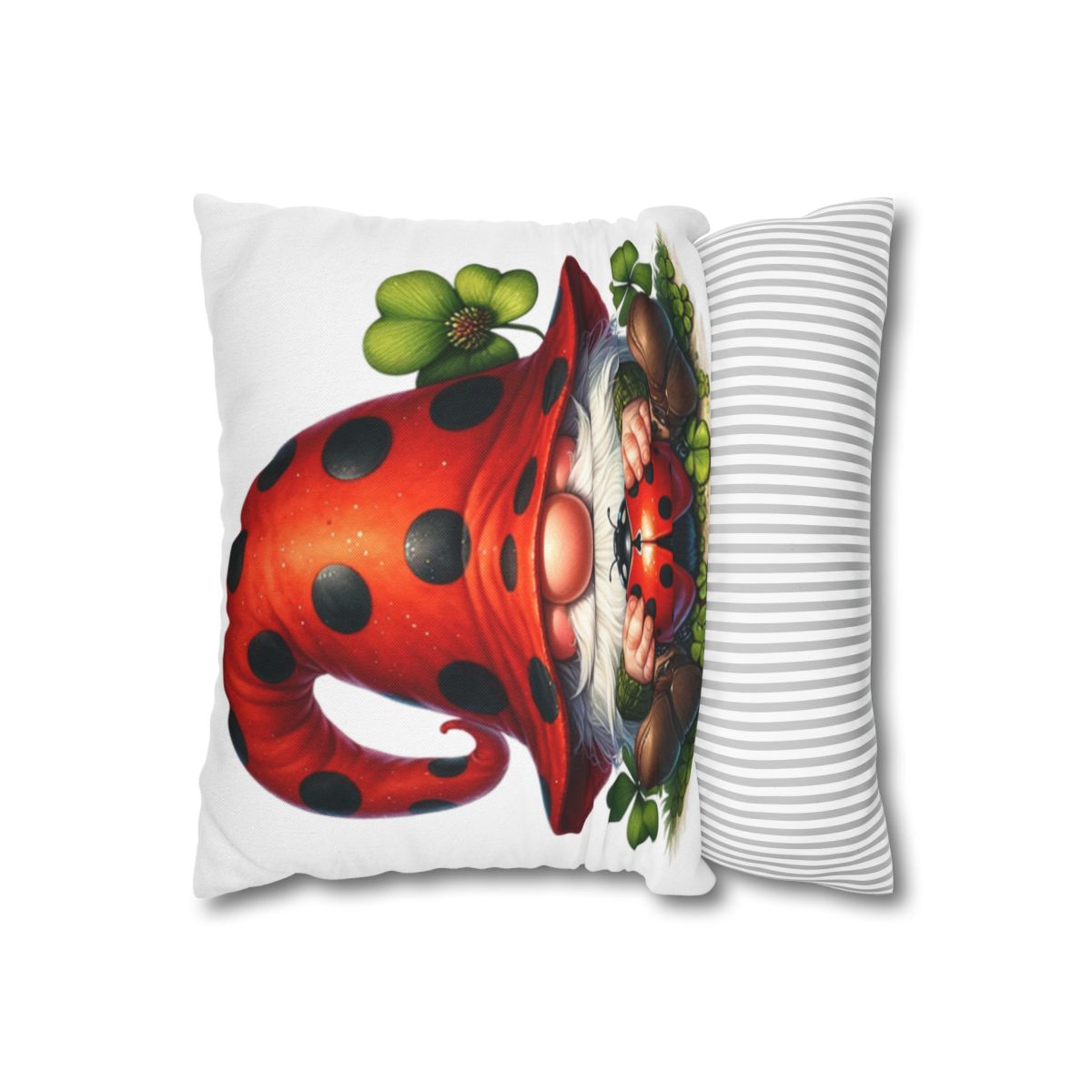 Gnome wearing a red ladybug hat, peeking from behind a striped pillow.