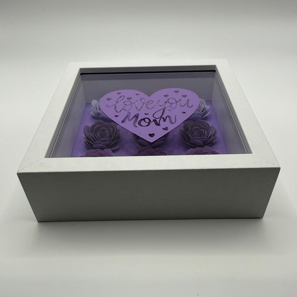 Paper Flower Heart Shadow Box – "Love You Mom" Bejeweled 3D Wall Art, Pink or Purple