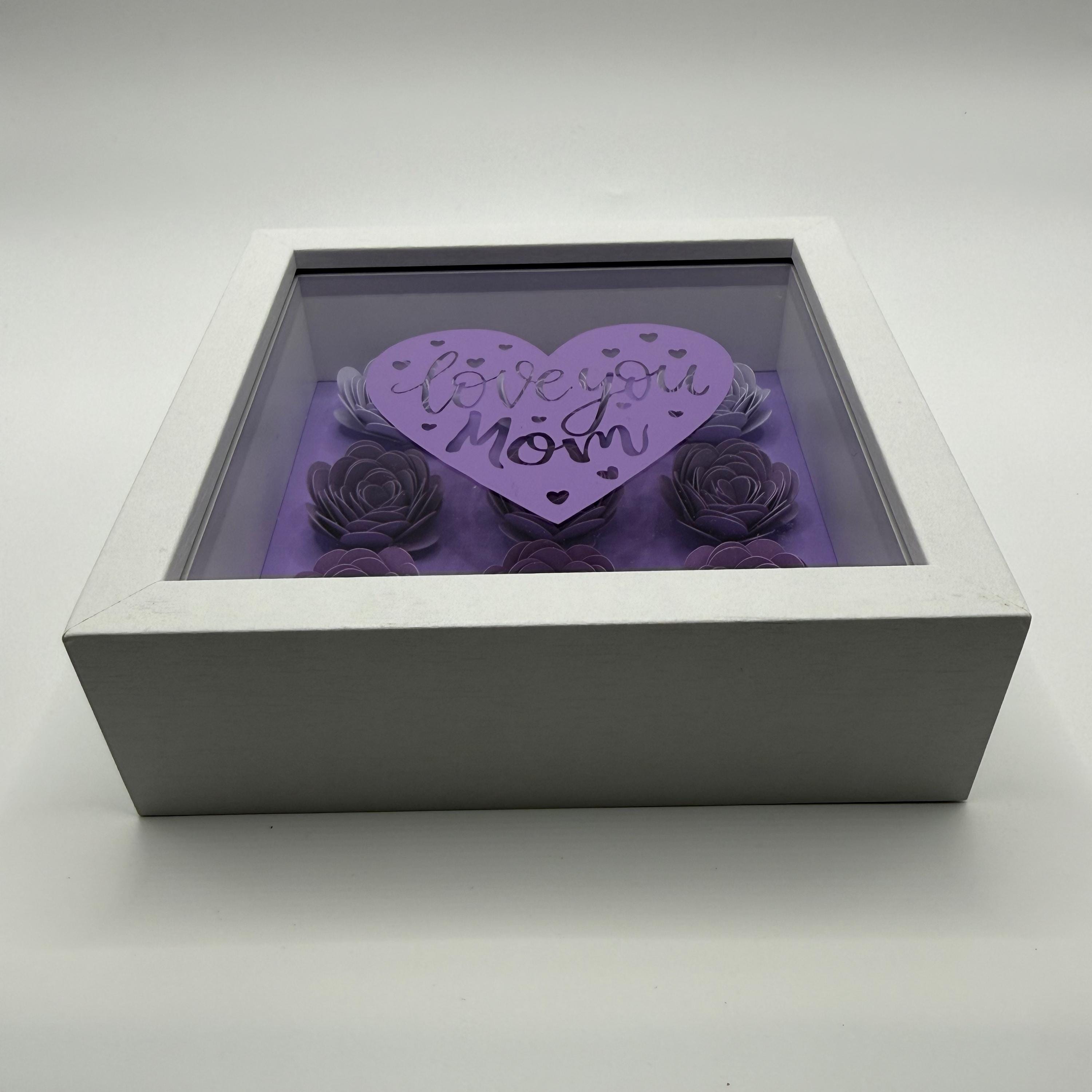 Paper Flower Heart Shadow Box – "Love You Mom" Bejeweled 3D Wall Art, Pink or Purple